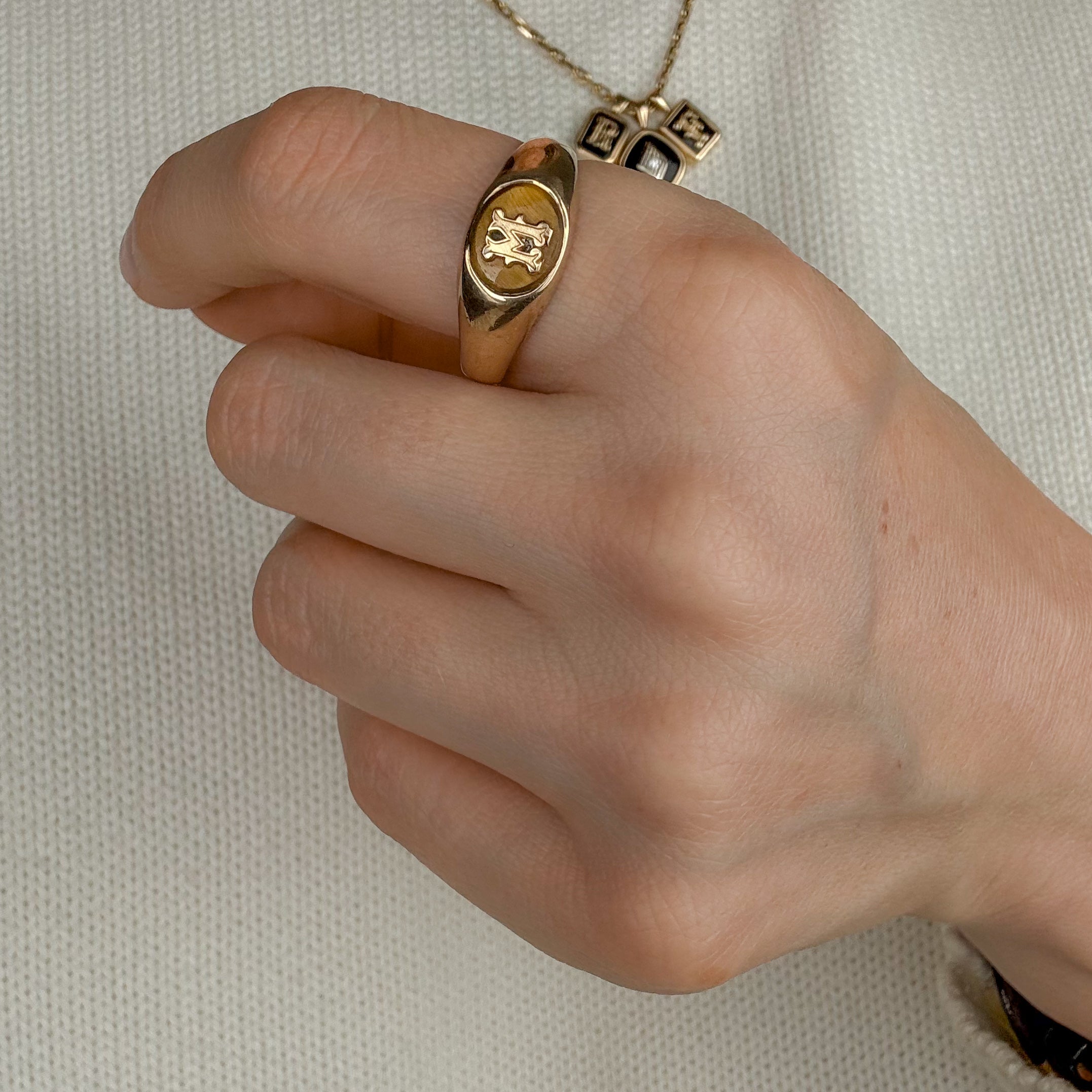 'M' Tiger's Eye Signet