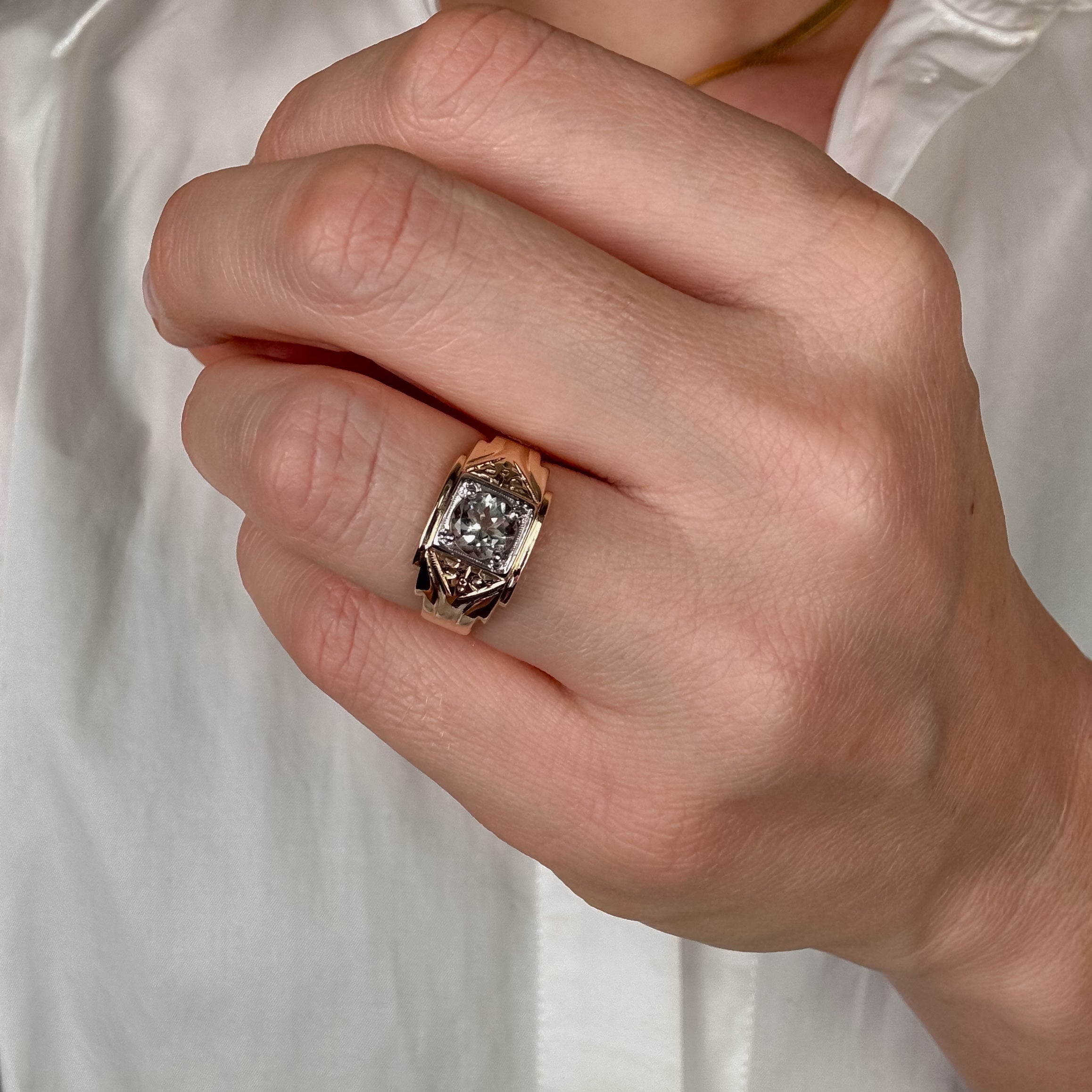 Antique Setting Green Amethyst Wide Gold Band