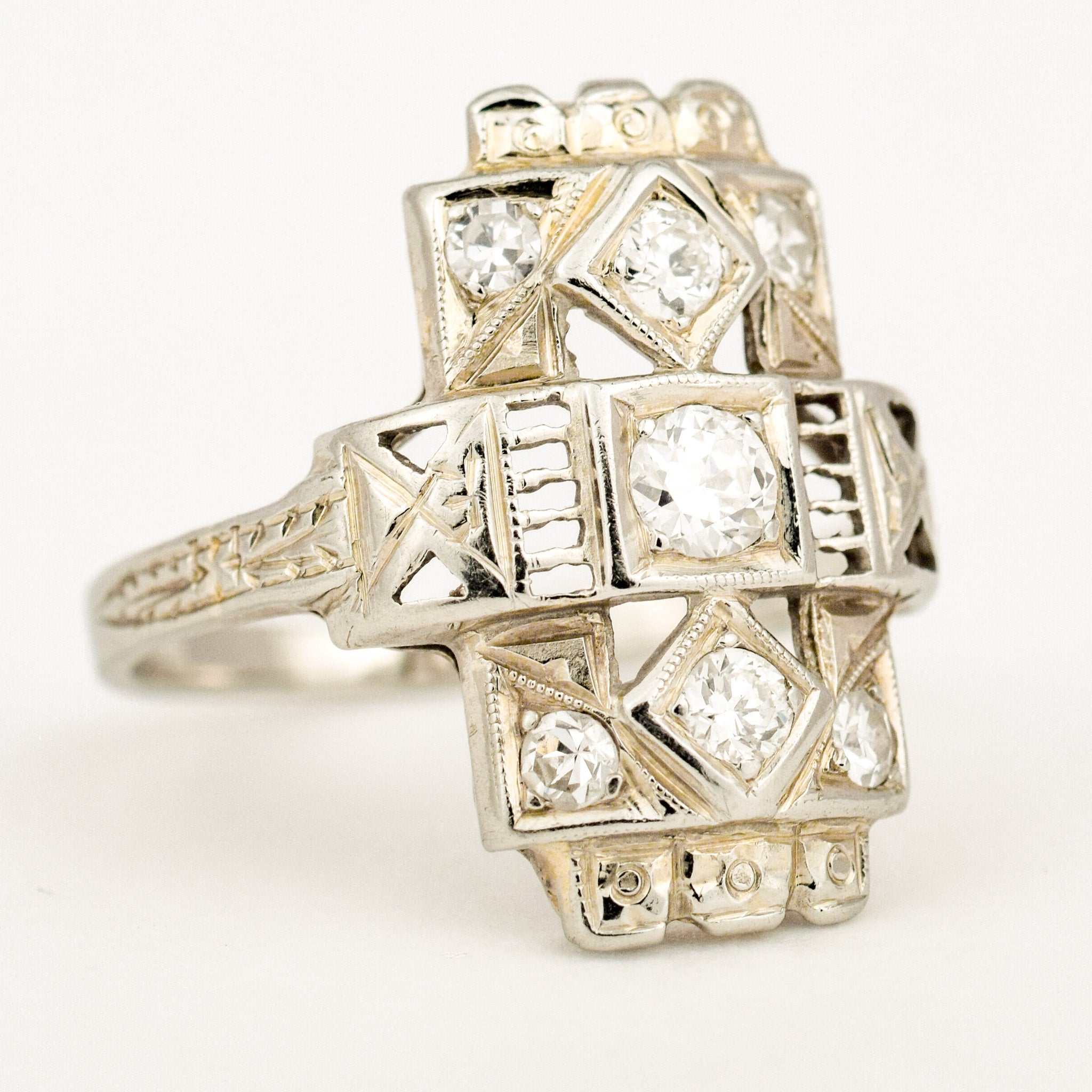Antique Art Deco Old Mine Cut 3 Diamond Ring