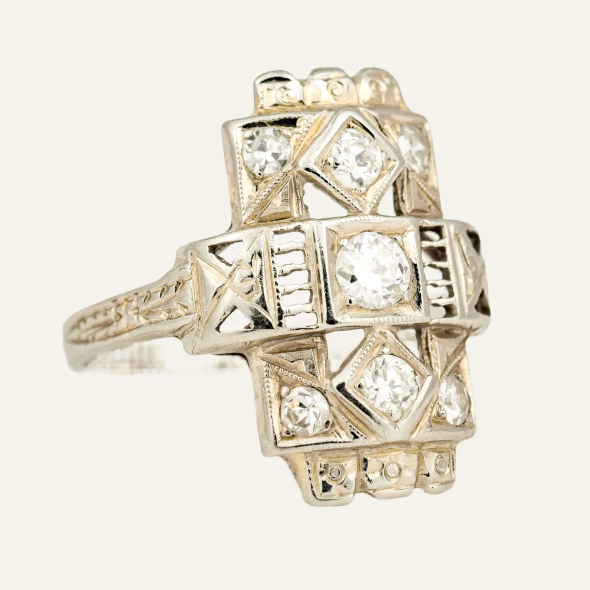 Antique Art Deco Old Mine Cut 3 Diamond Ring