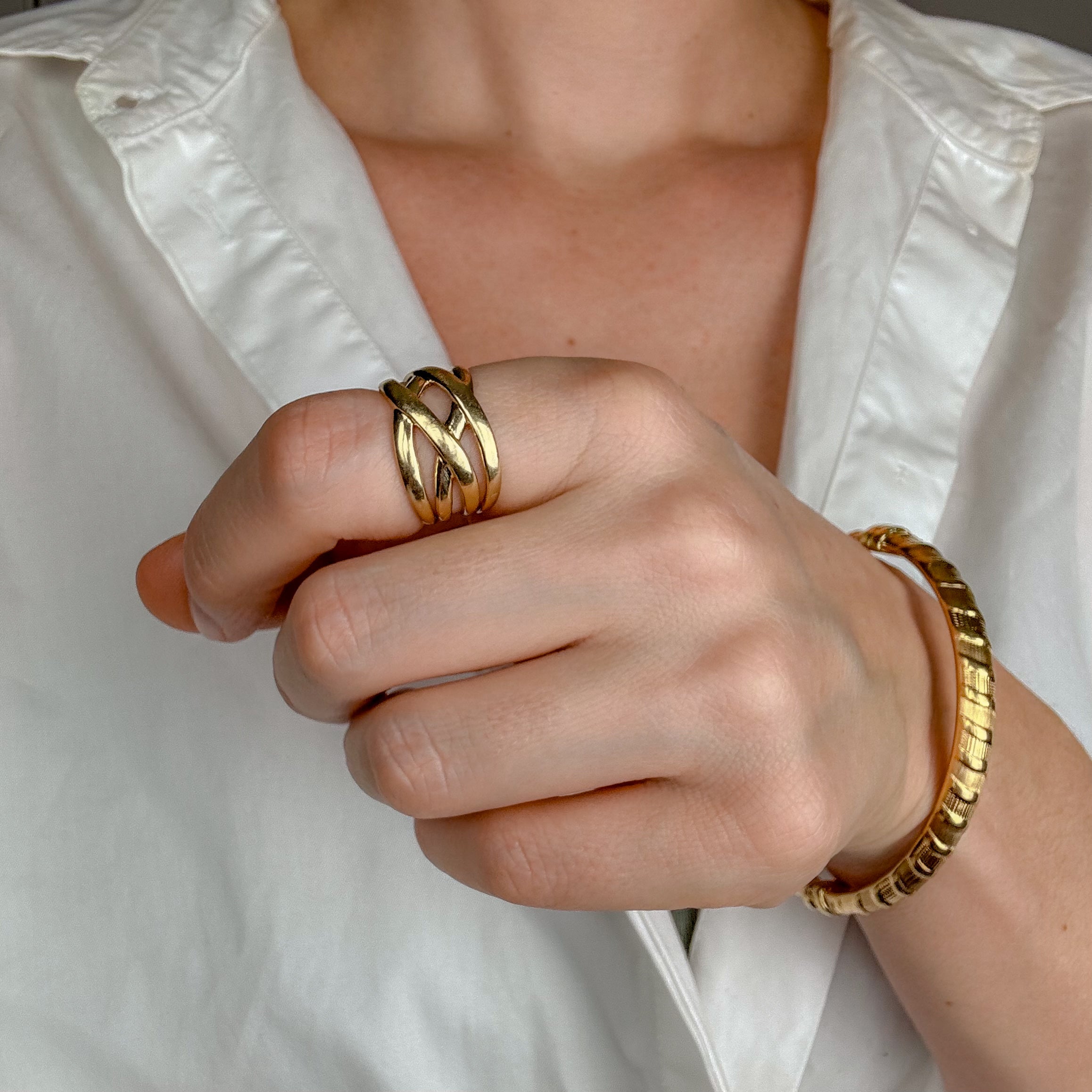 Wide Stacked Wave Gold Band
