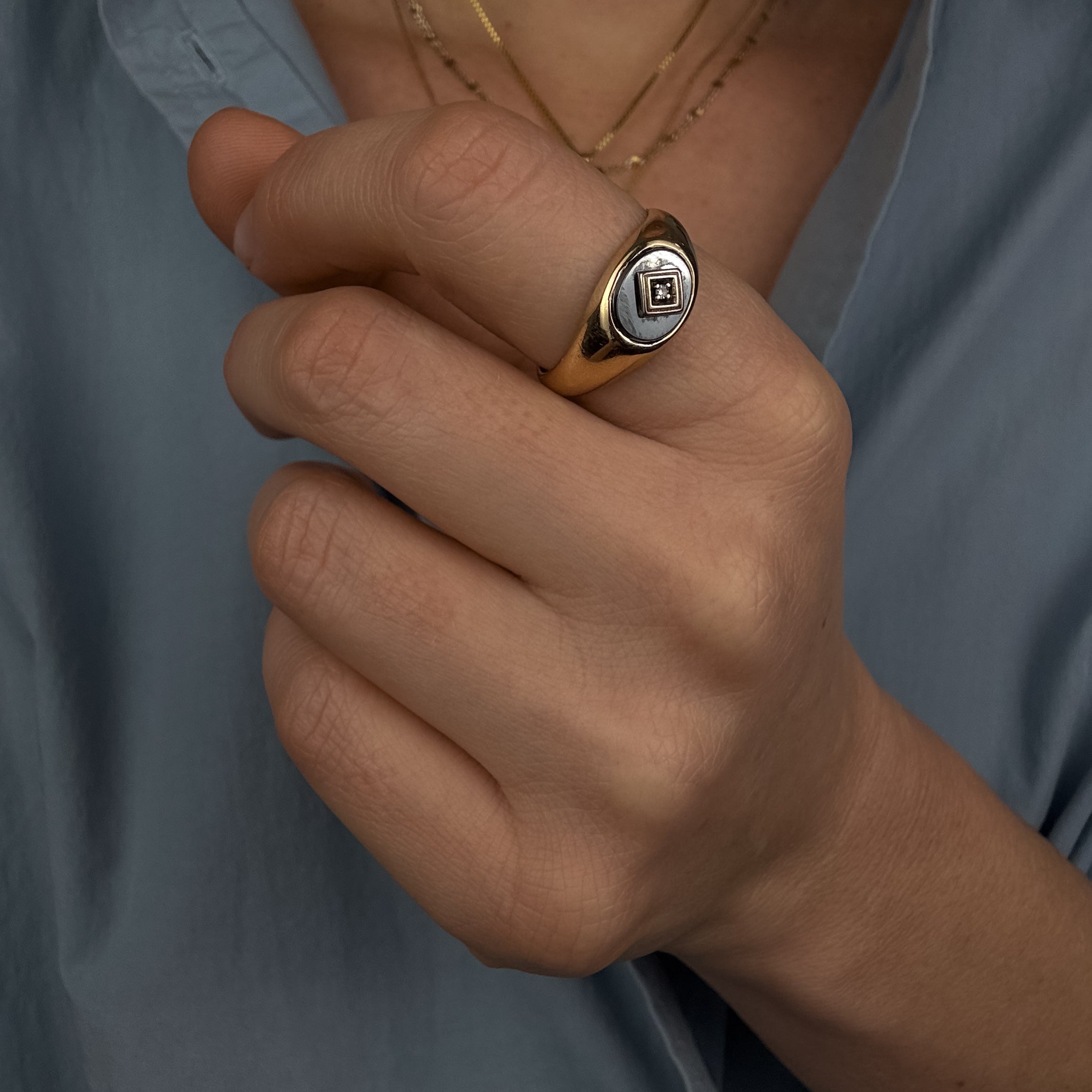 Hematite and Diamond Signet Ring