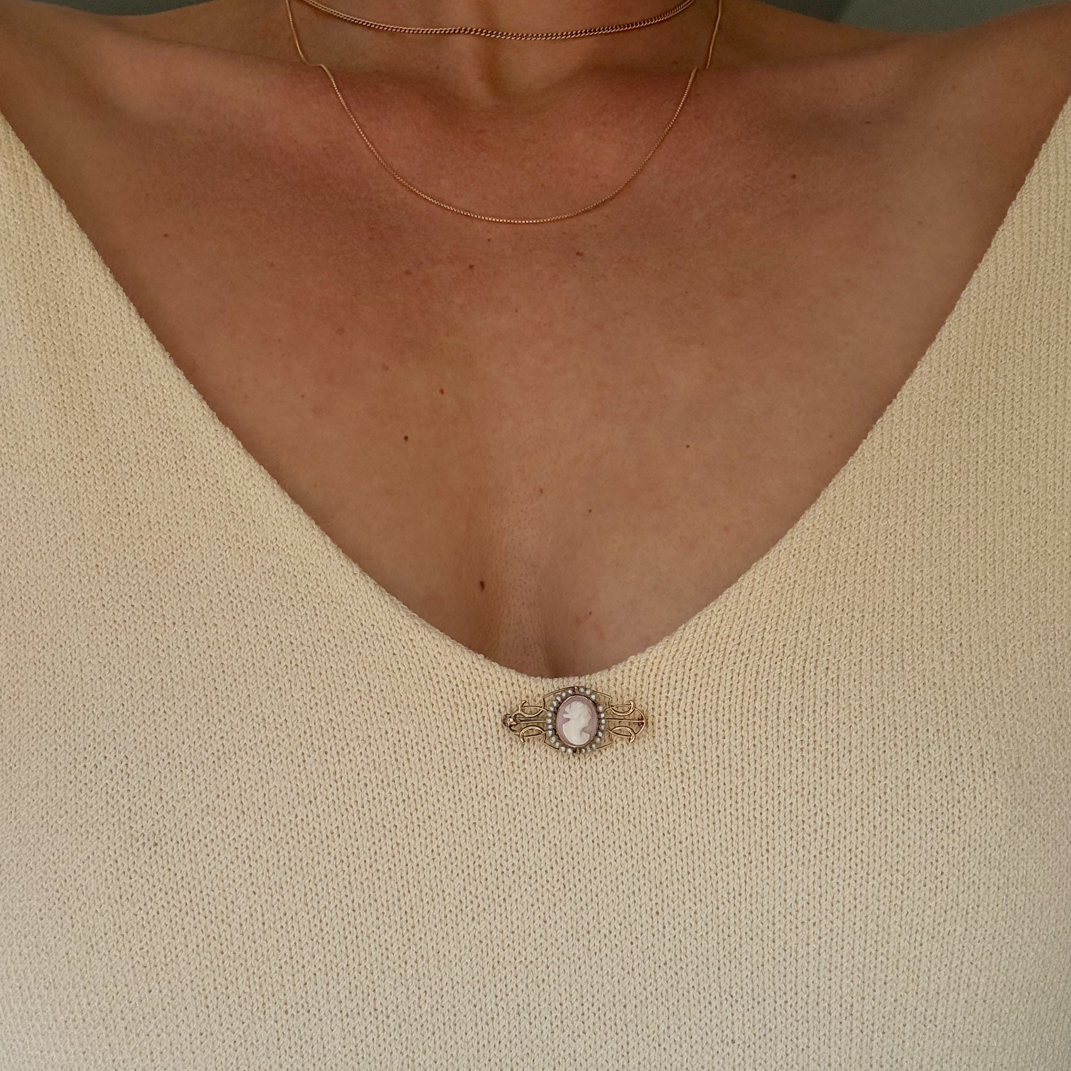 Antique Shell Cameo and Seed Pearl Pin