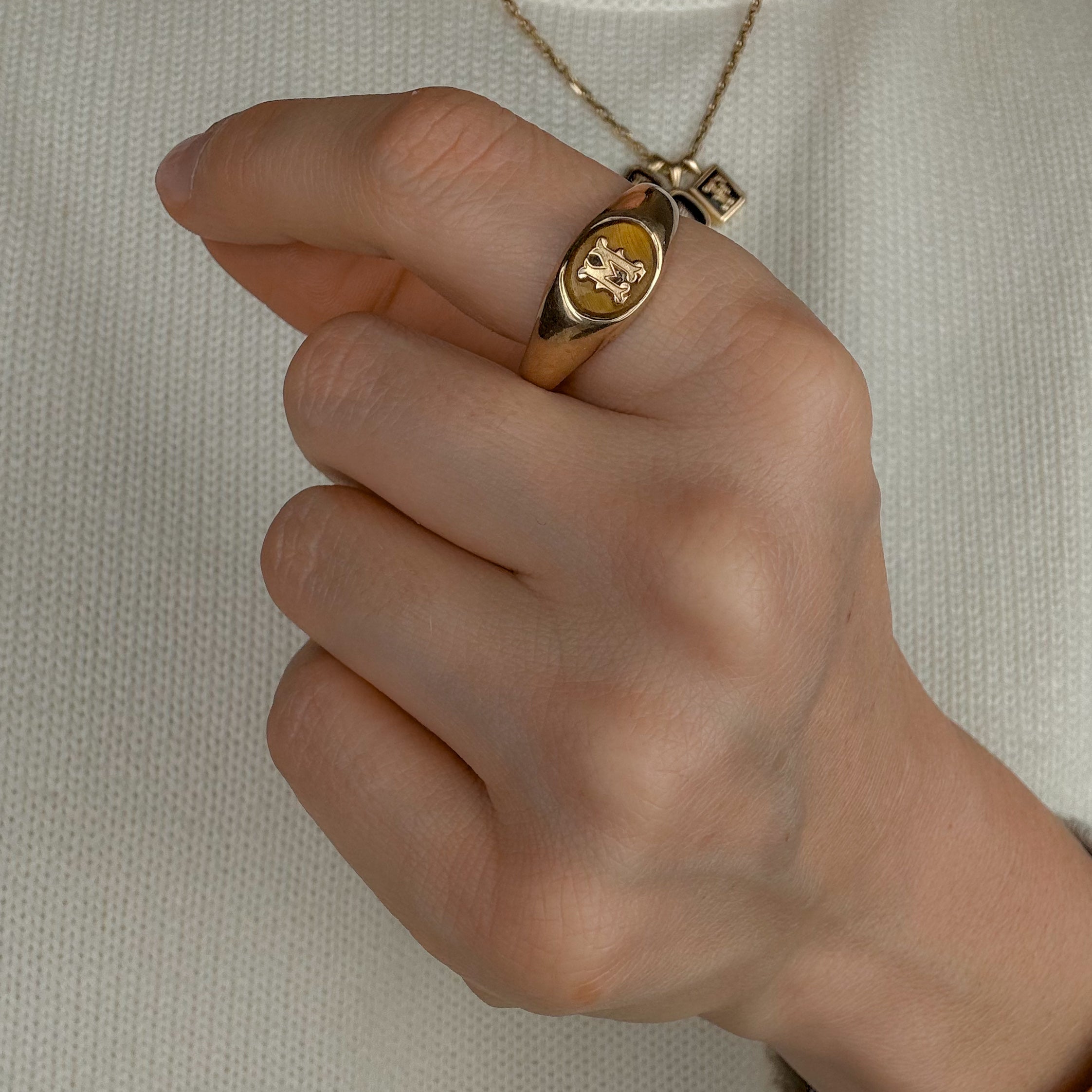 'M' Tiger's Eye Signet