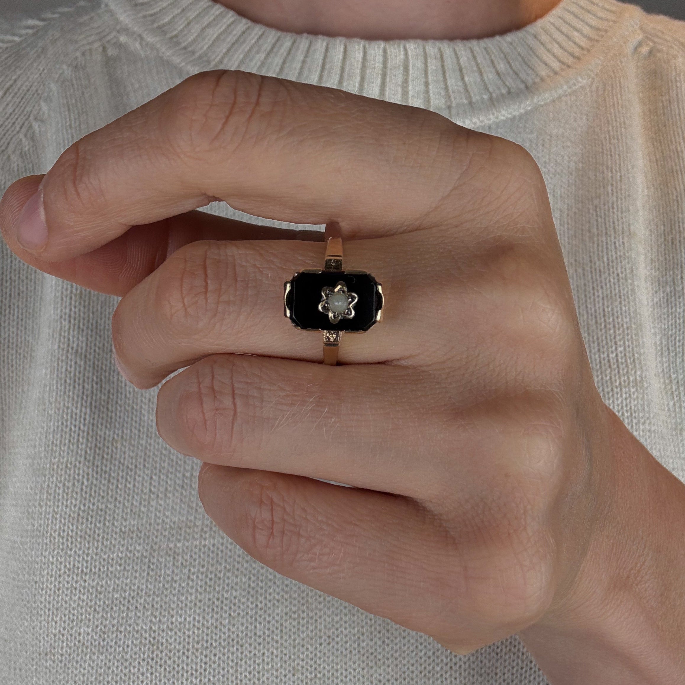Rectangular Onyx and Seed Pearl Ring