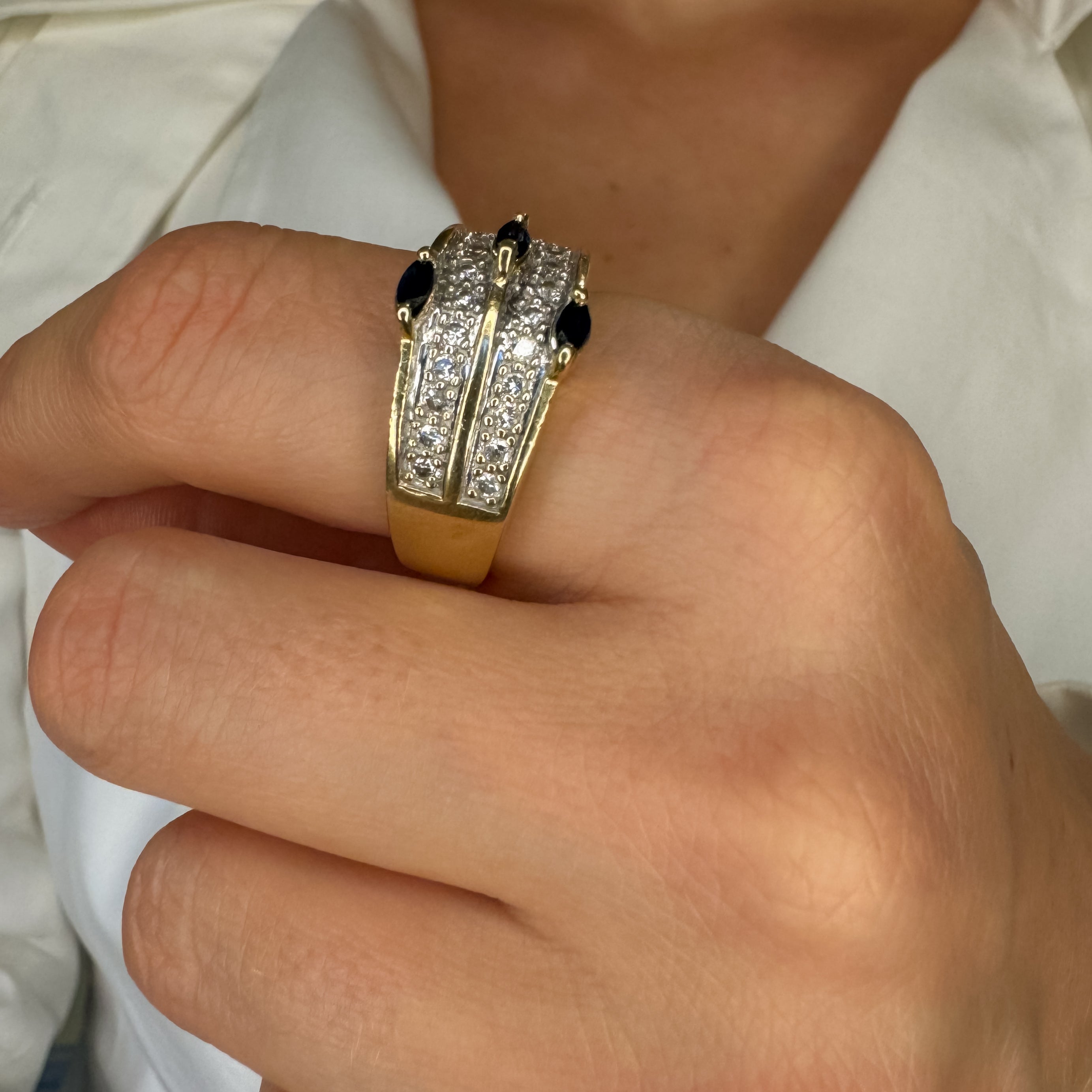 Wide Sapphire Trilogy and Diamond Ring