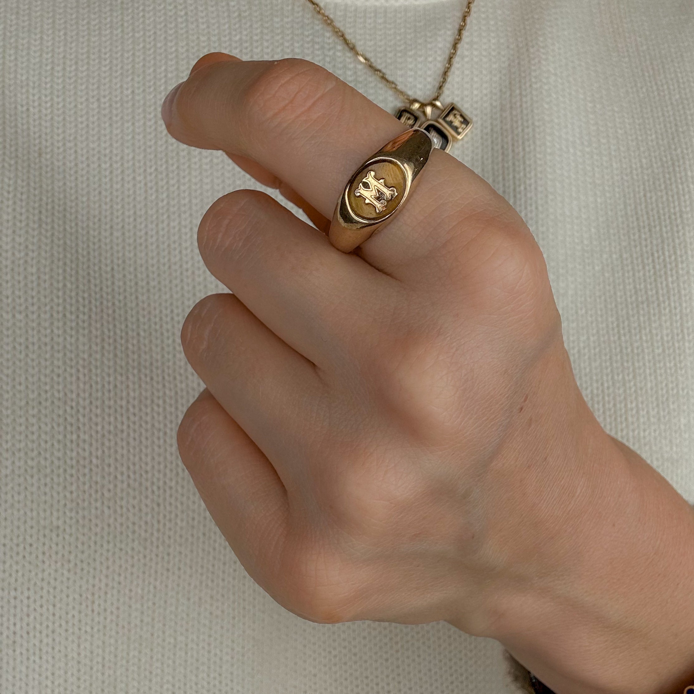 'M' Tiger's Eye Signet