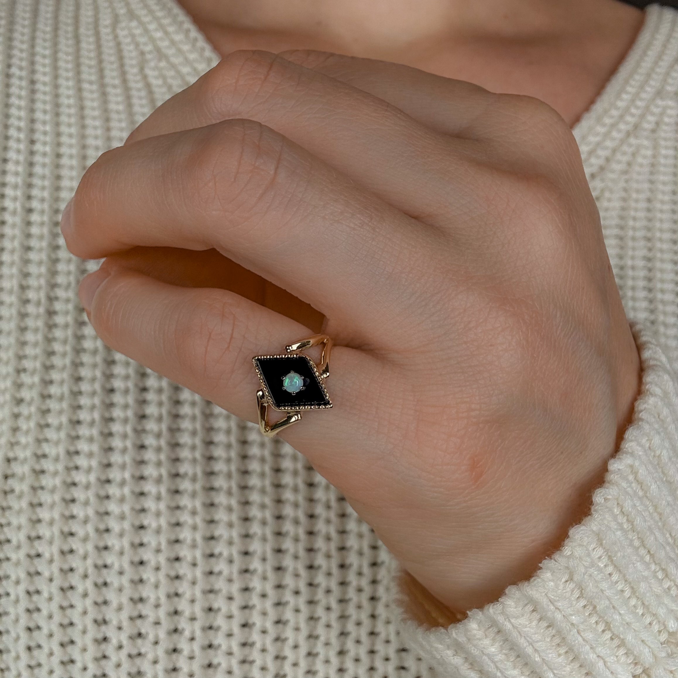 Rhombus Shaped Onyx and Opal Ring