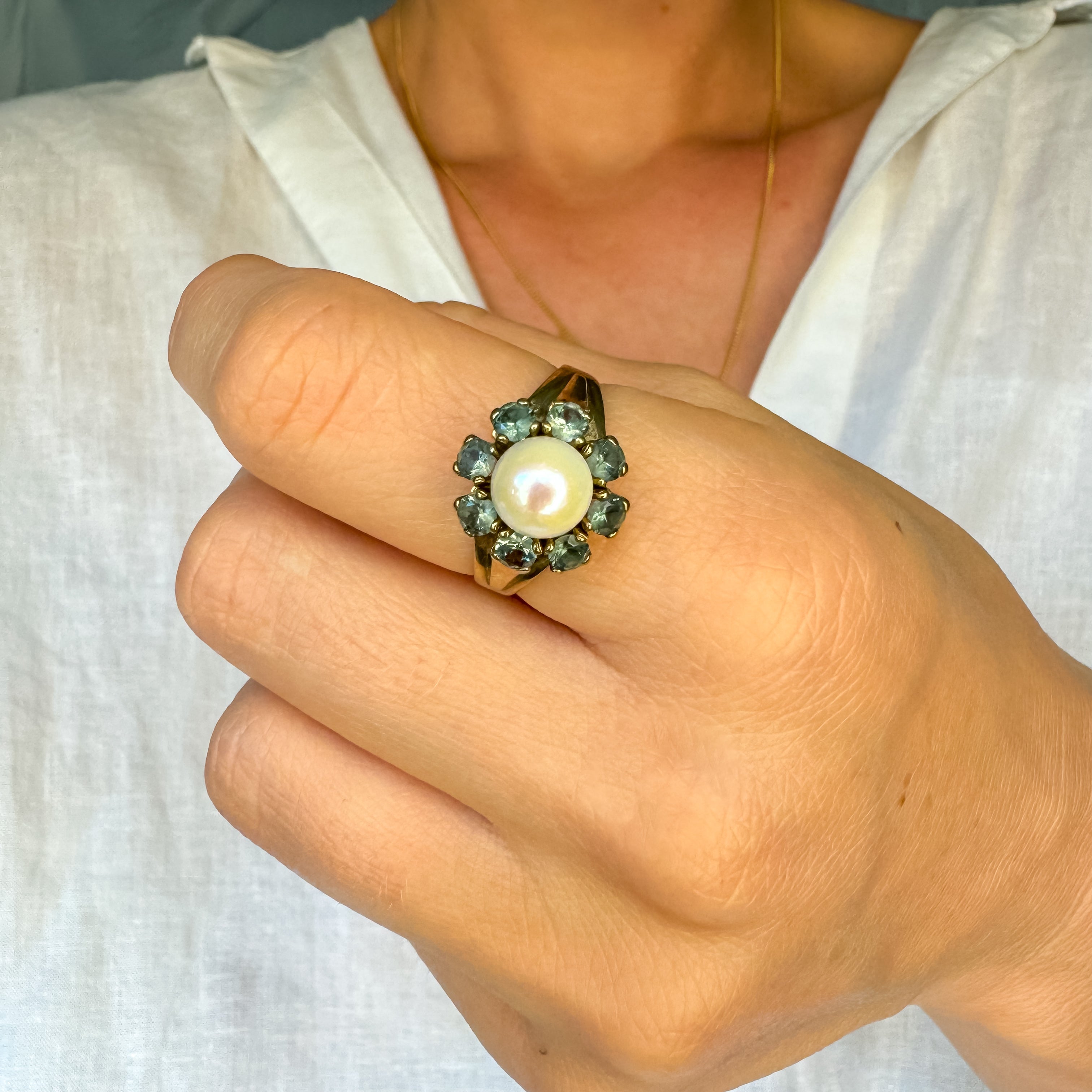 Pearl and Green Tourmaline Cluster Ring