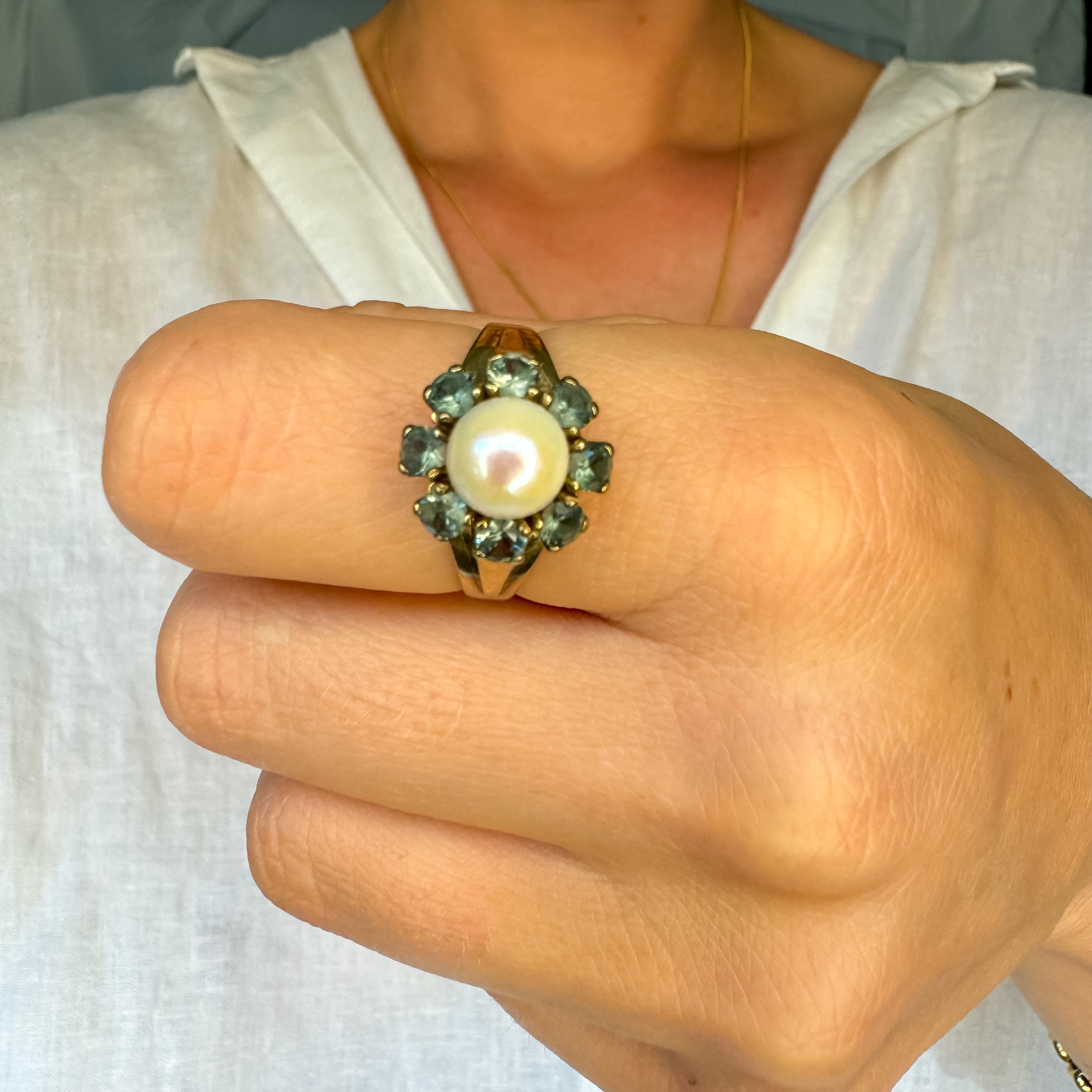 Pearl and Green Tourmaline Cluster Ring