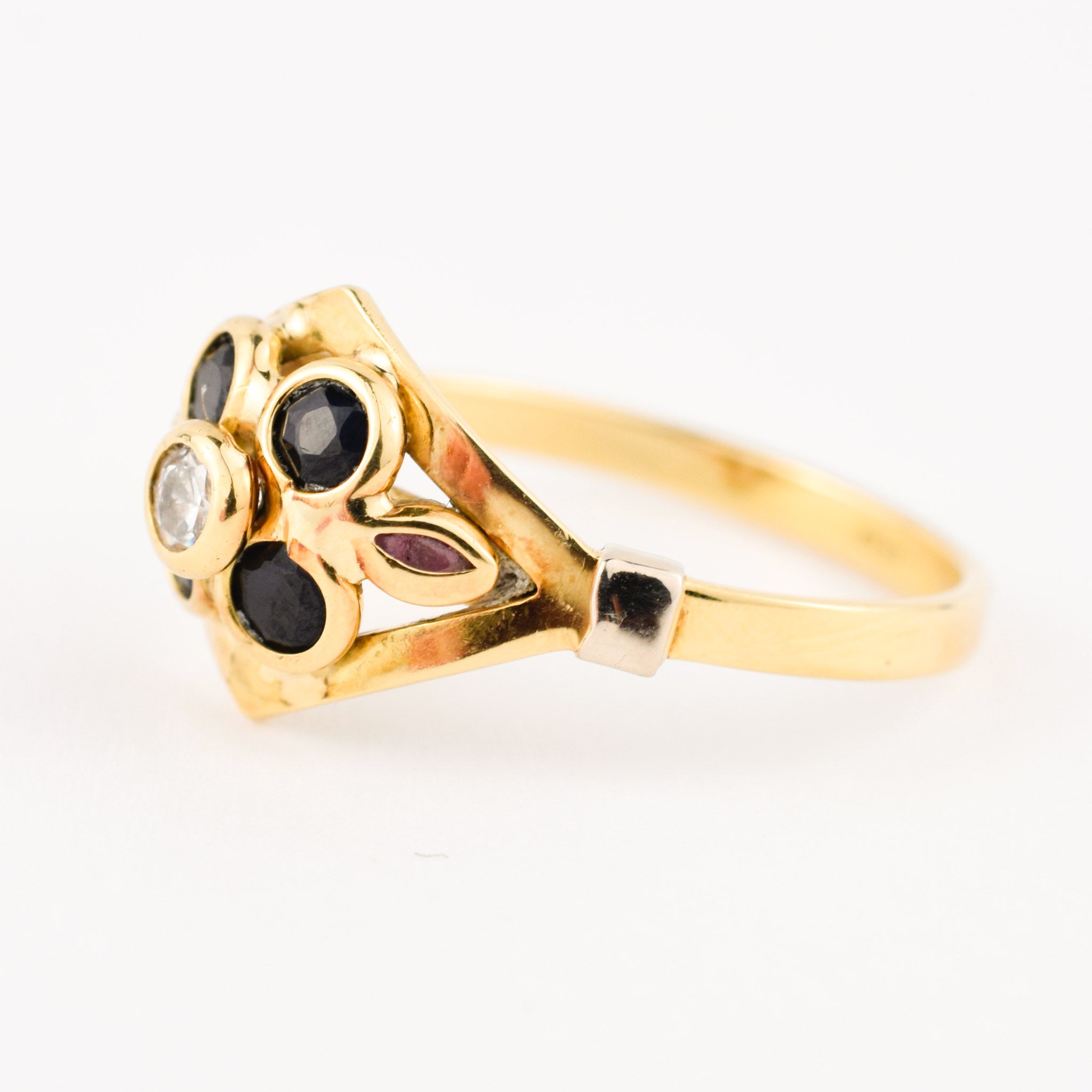 sapphire and diamond flower band with rubies