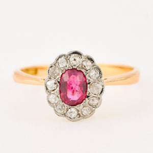 antique old mine cut halo diamond ruby ring