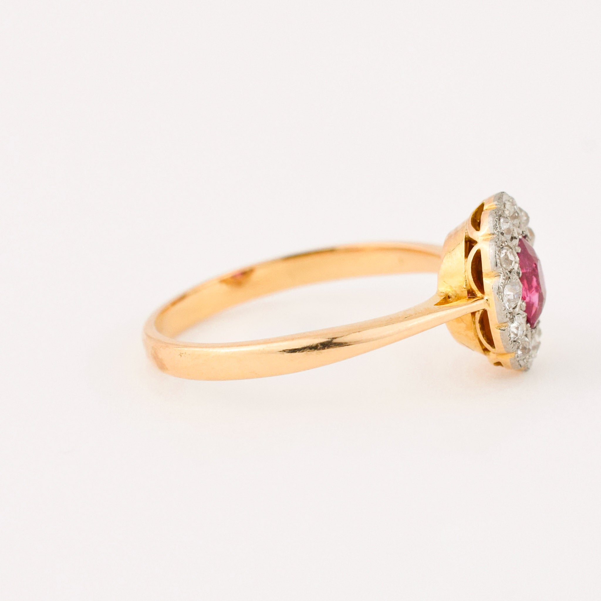 antique old mine cut halo diamond ruby ring