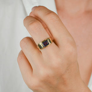 vintage gold bezel set lab grown sapphire ring