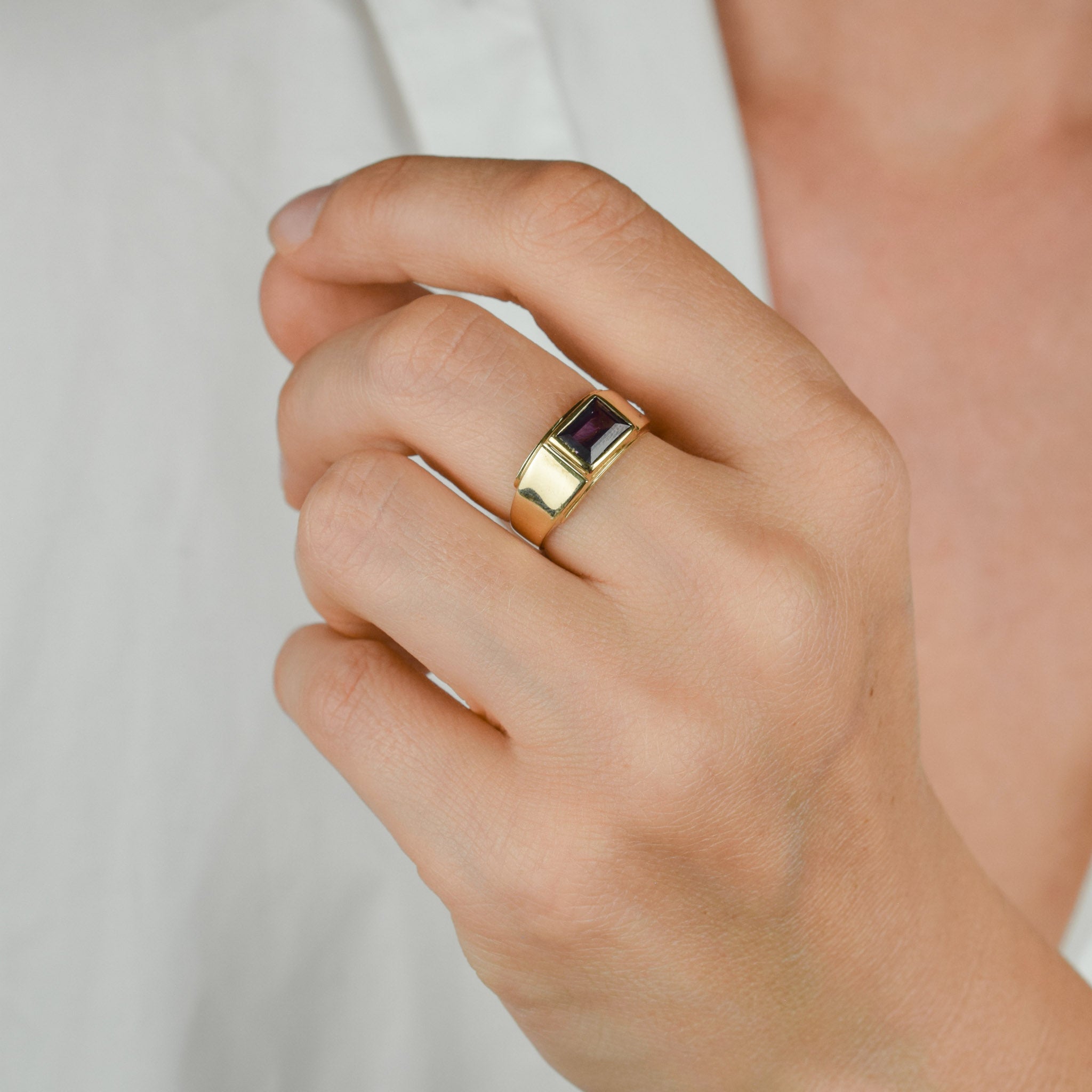 vintage gold bezel set lab grown sapphire ring