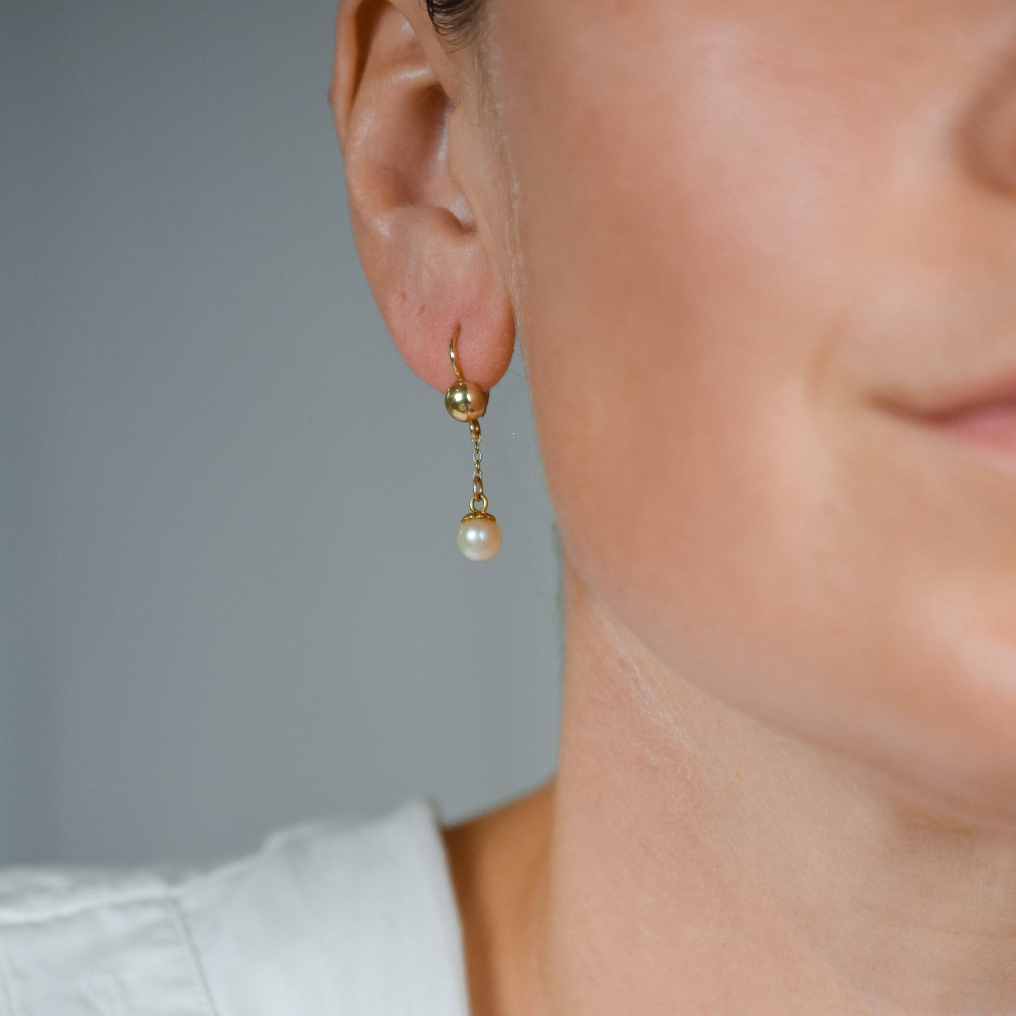 vintage gold pearl drop chain earrings