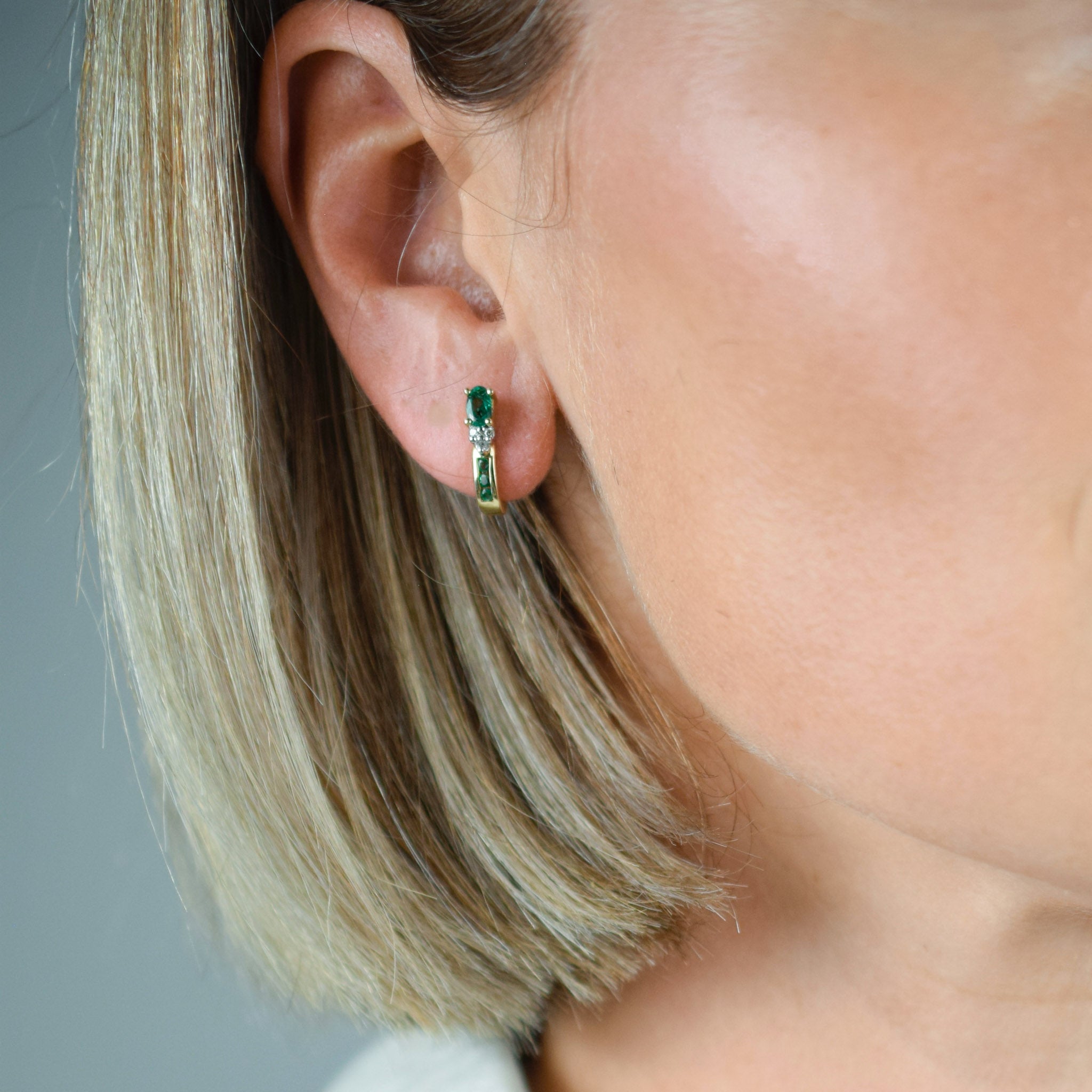 vintage gold emerald and diamond half hoop earrings 