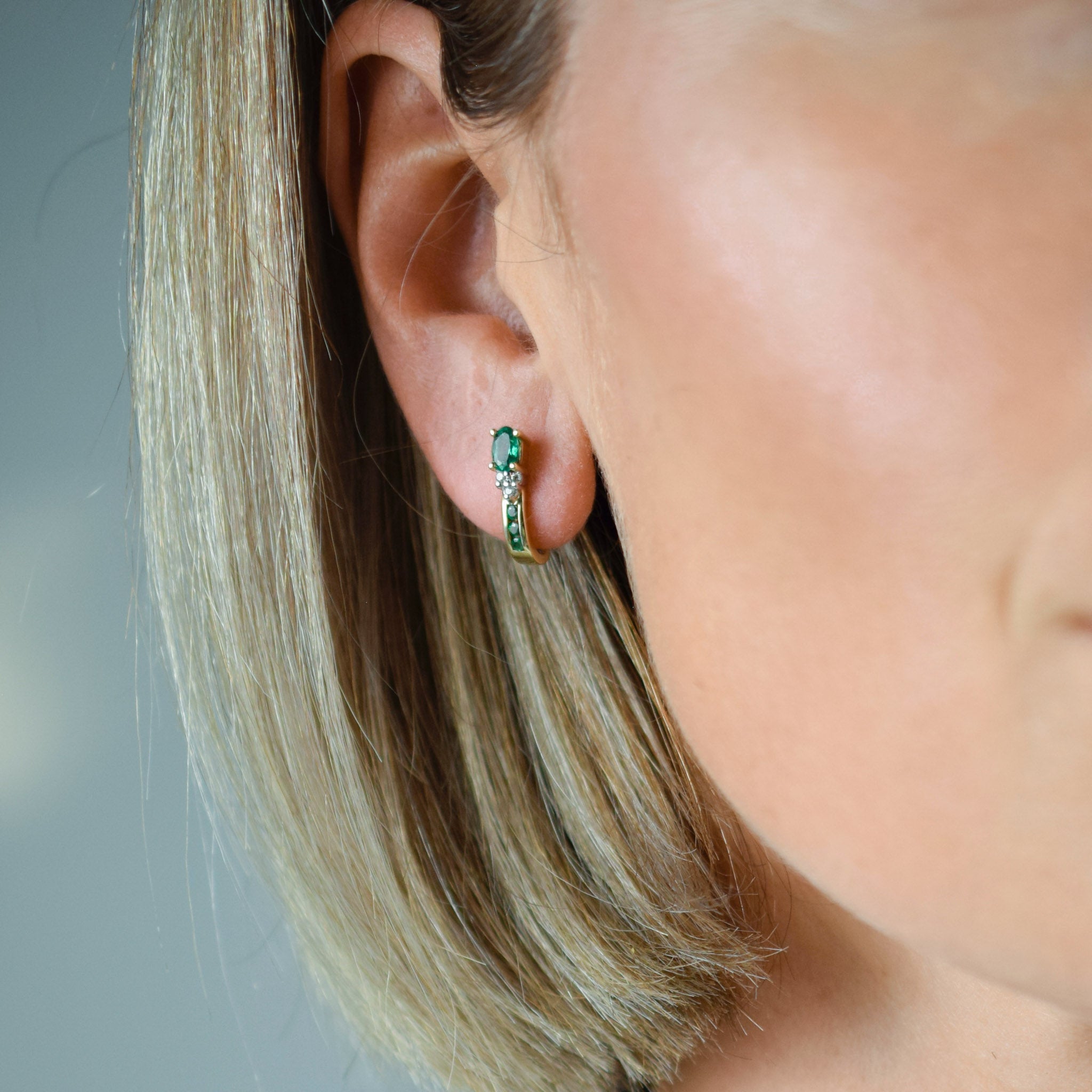 vintage gold emerald and diamond half hoop earrings 