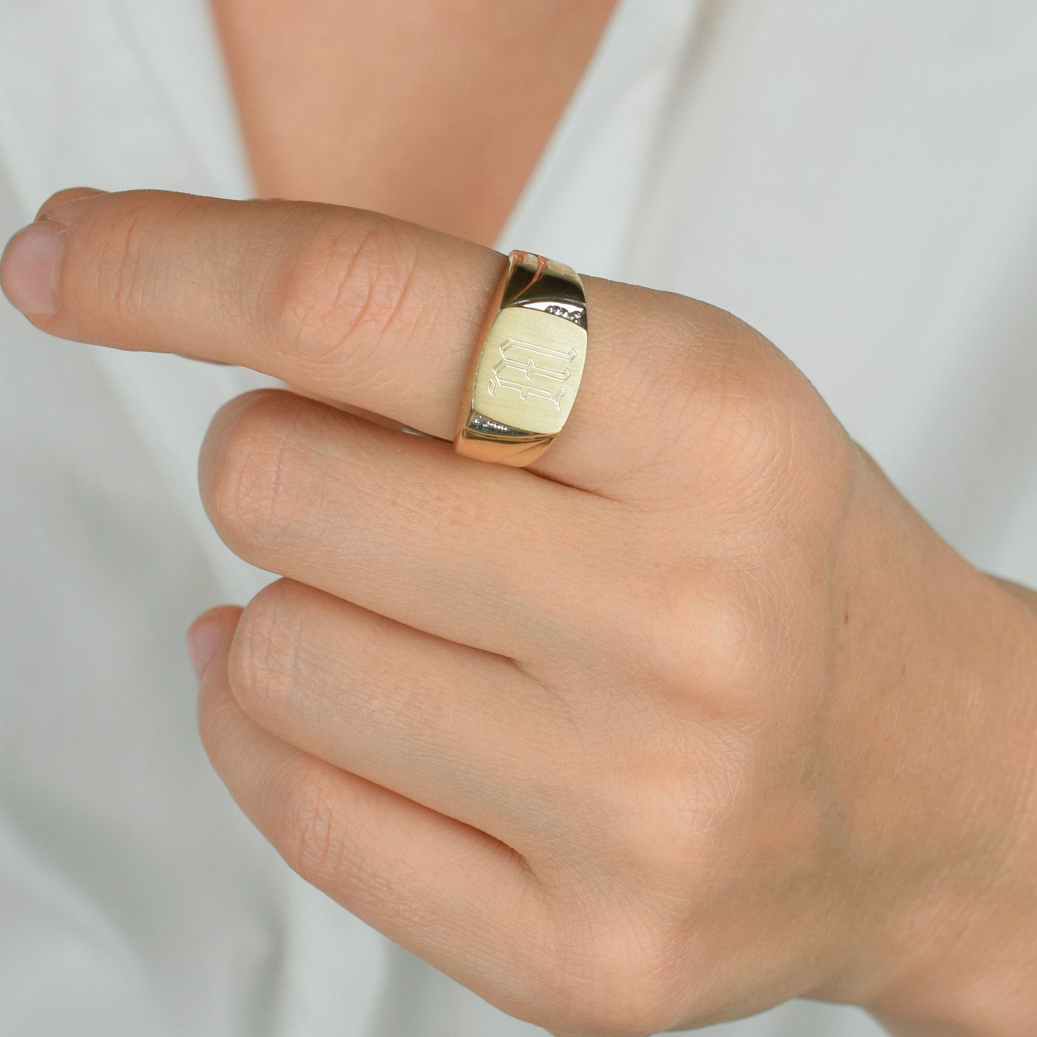 'M' Signet Ring with Diamond Accents