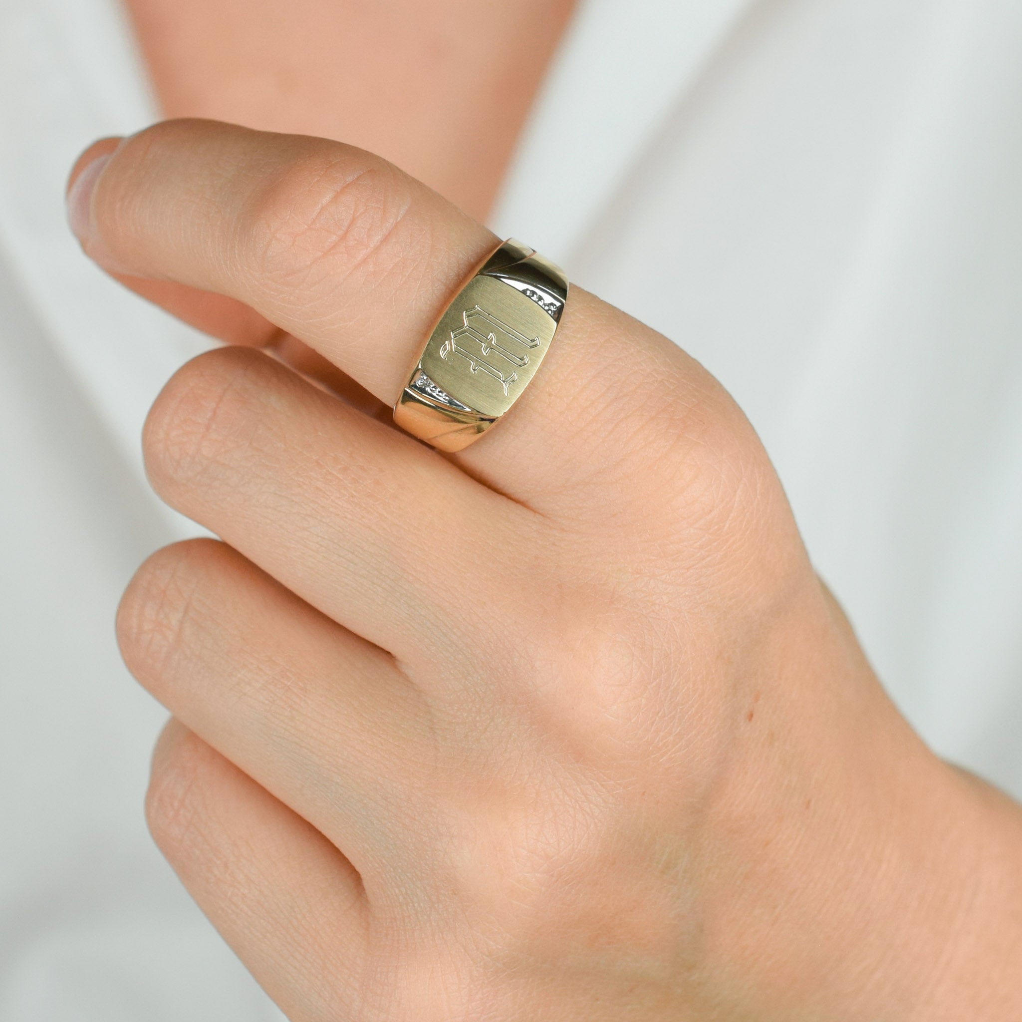 'M' Signet Ring with Diamond Accents