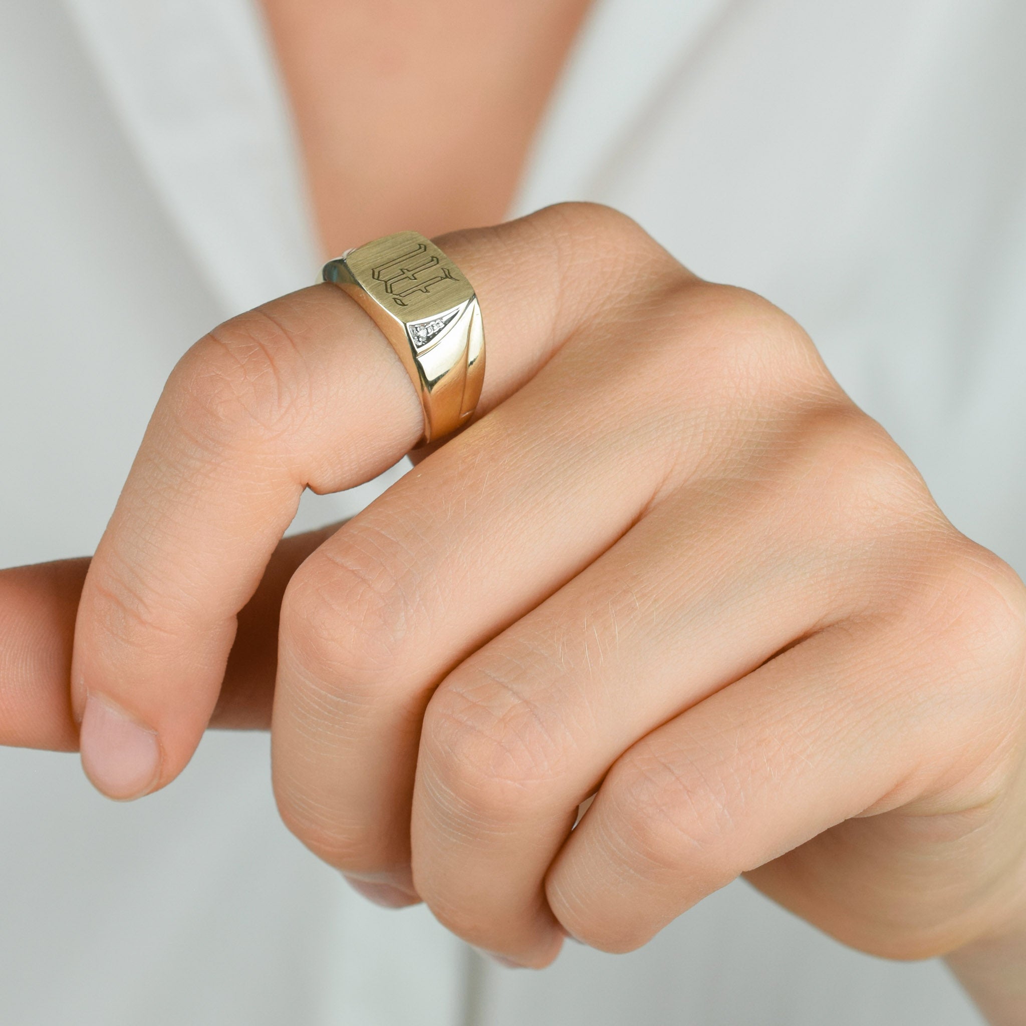 'M' Signet Ring with Diamond Accents