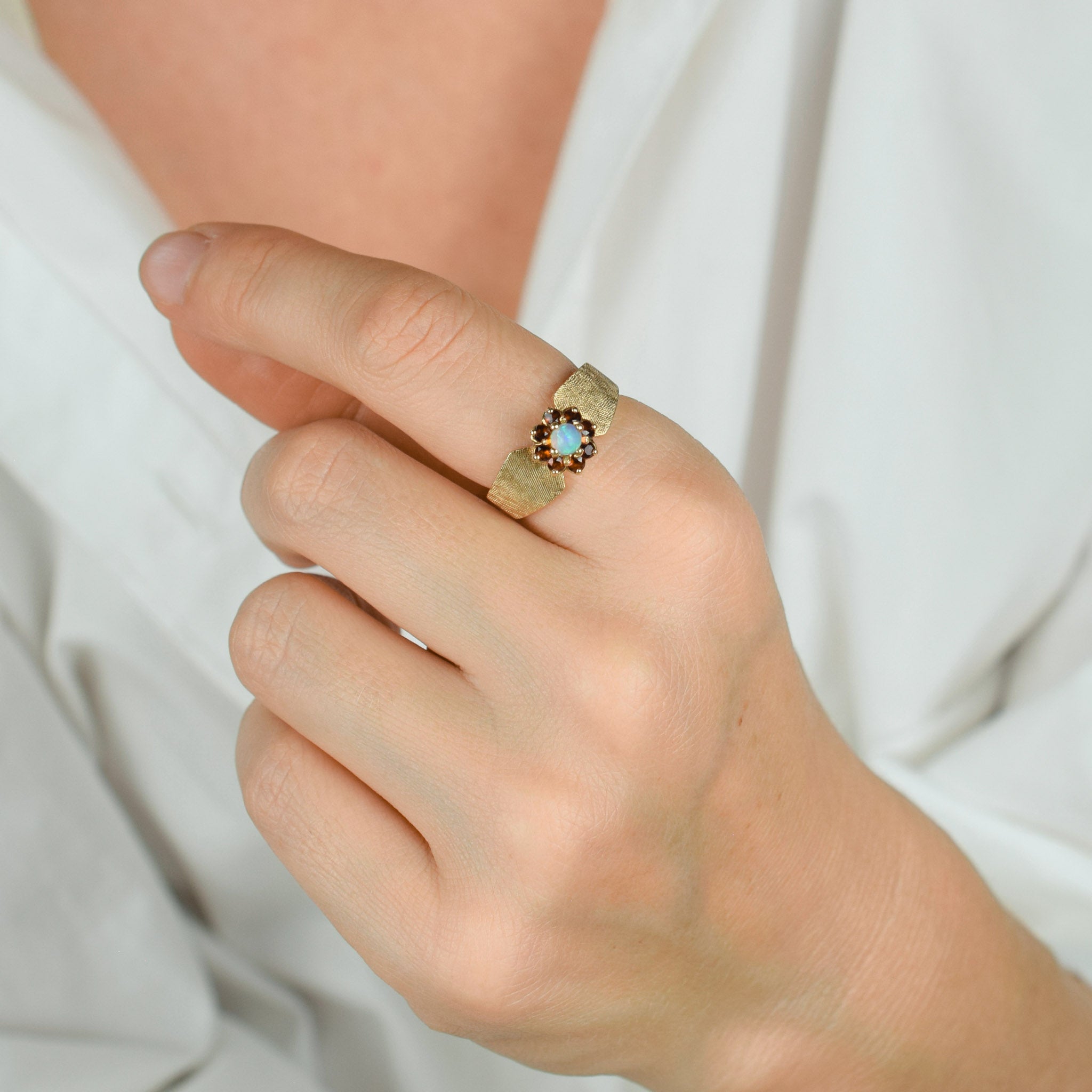 vintage Opal and Garnet Floral Ring  