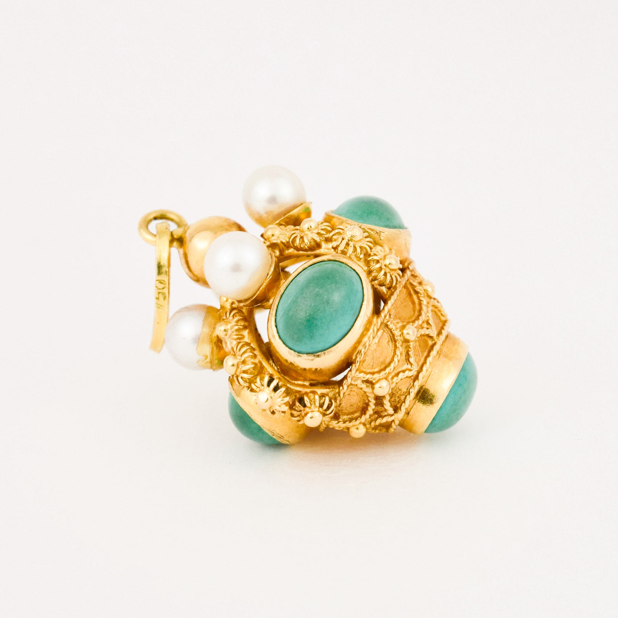 vintage 18k gold turquoise and pearl fob pendant 