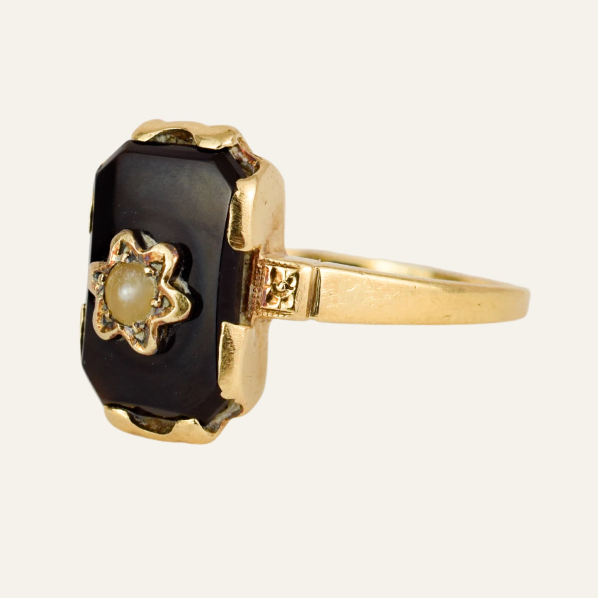 Rectangular Onyx and Seed Pearl Ring