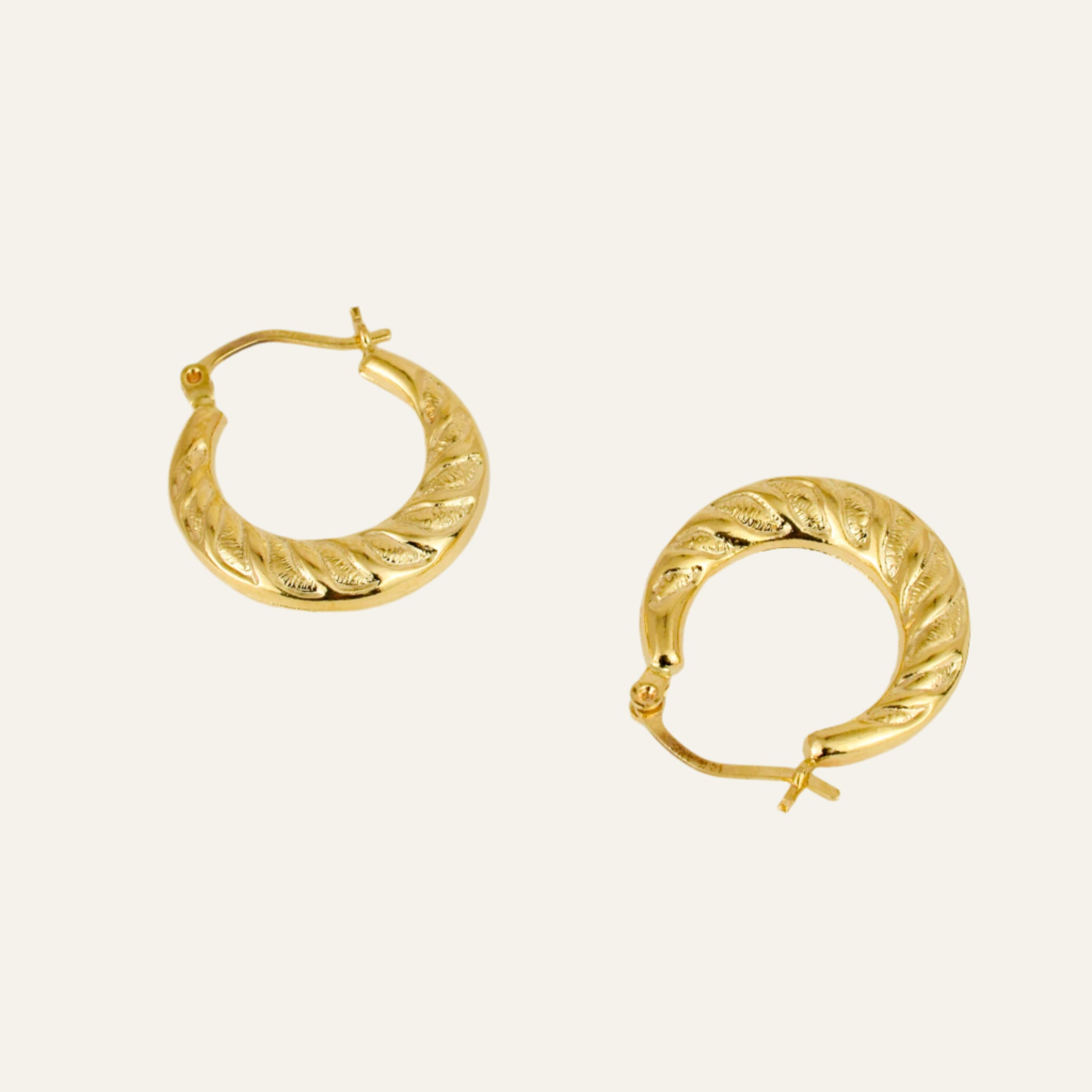 Pair of gold hoop earrings on a light beige background