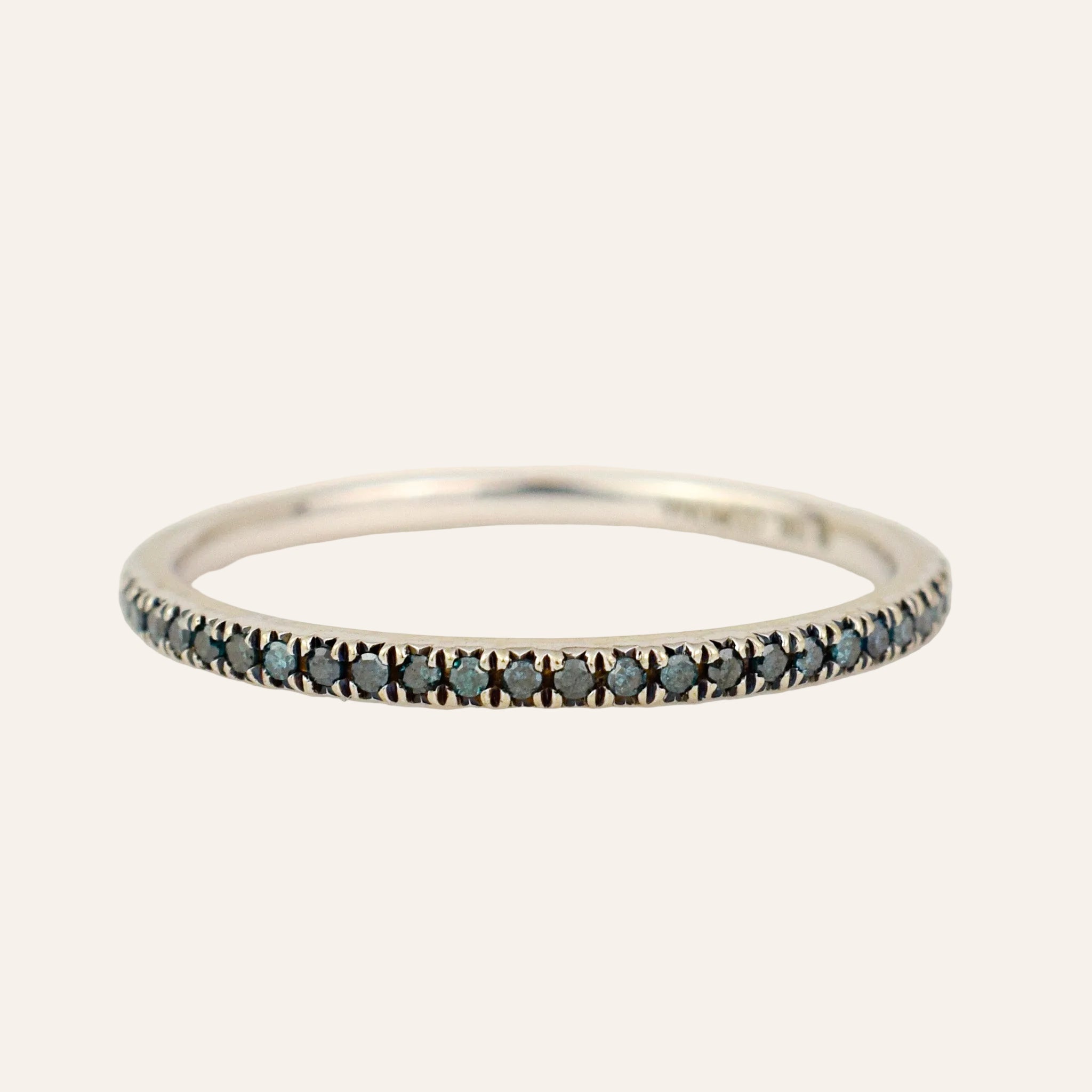 Blue Diamond Half Eternity Band in 10k white gold, front view of the band with micro-pavé blue diamonds across the top half