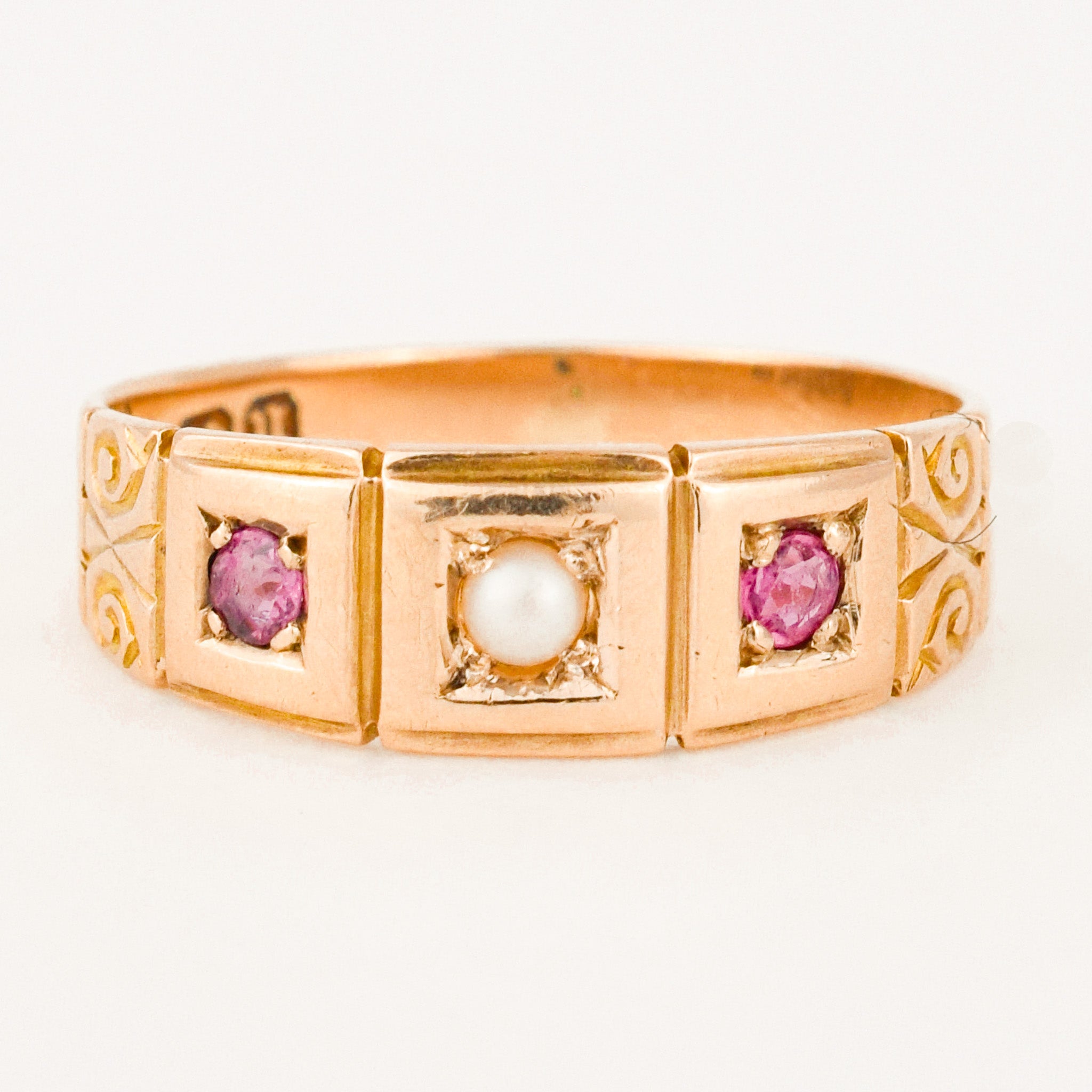 antique Birmingham pink tourmaline and seed pearl trilogy ring