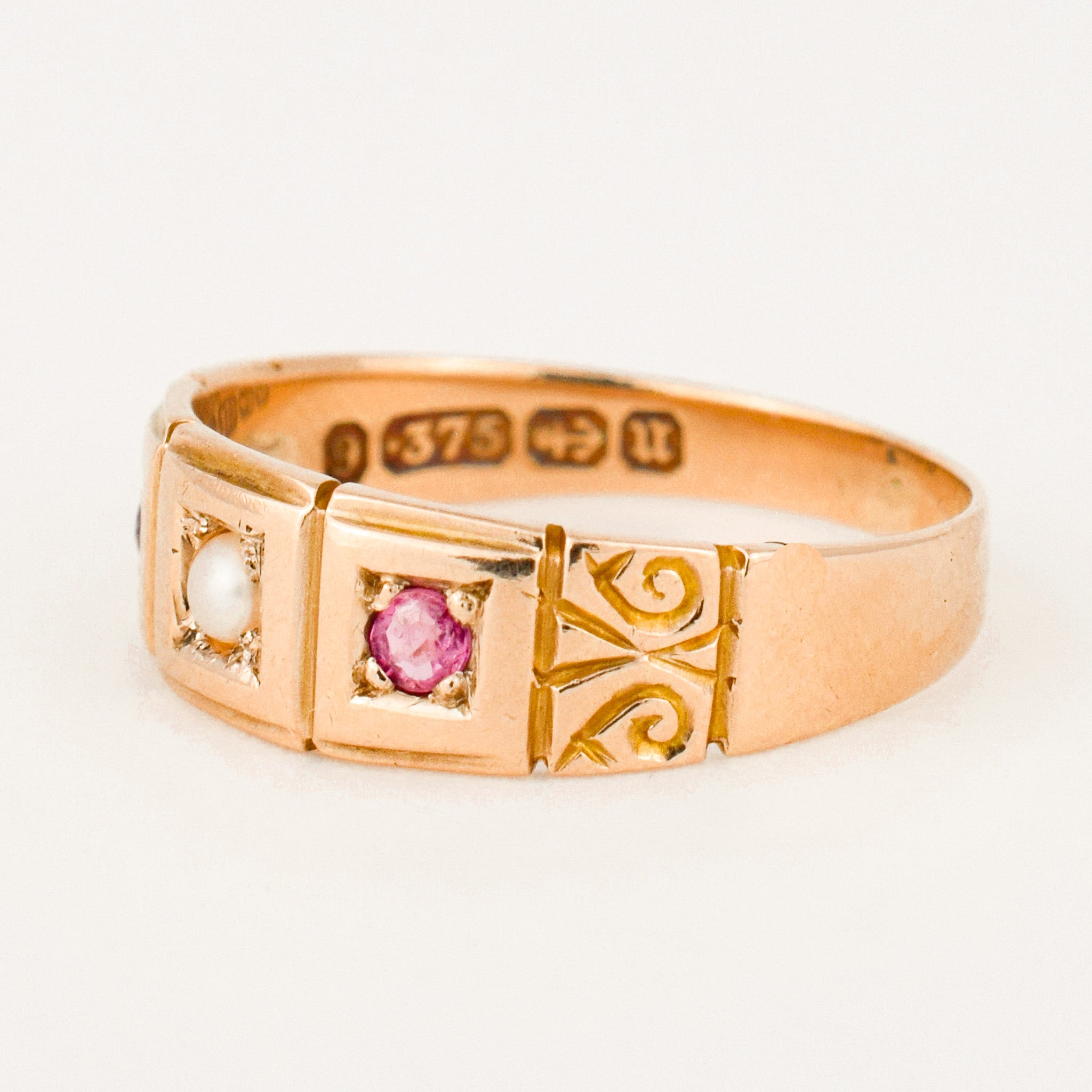antique Birmingham pink tourmaline and seed pearl trilogy ring