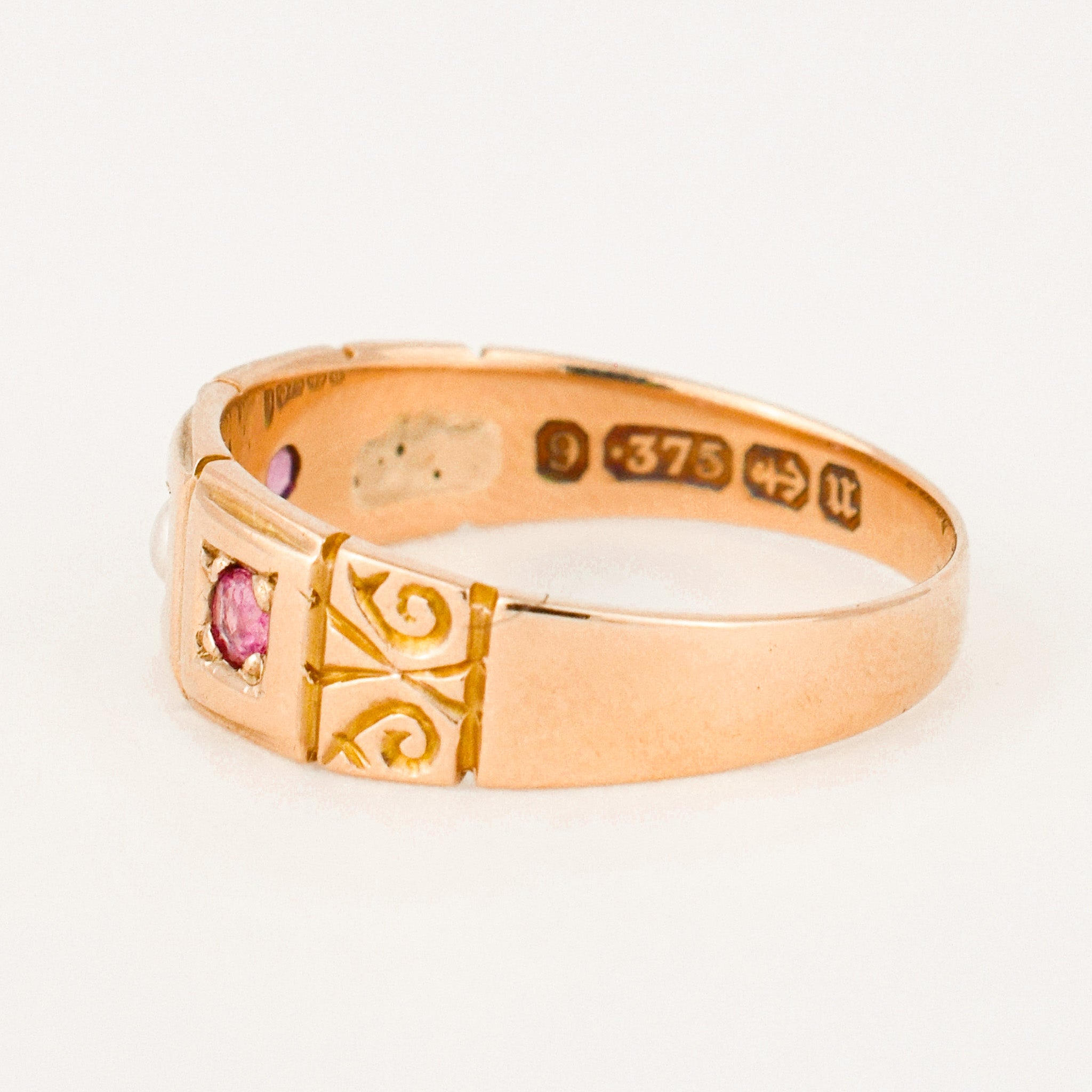 antique Birmingham pink tourmaline and seed pearl trilogy ring