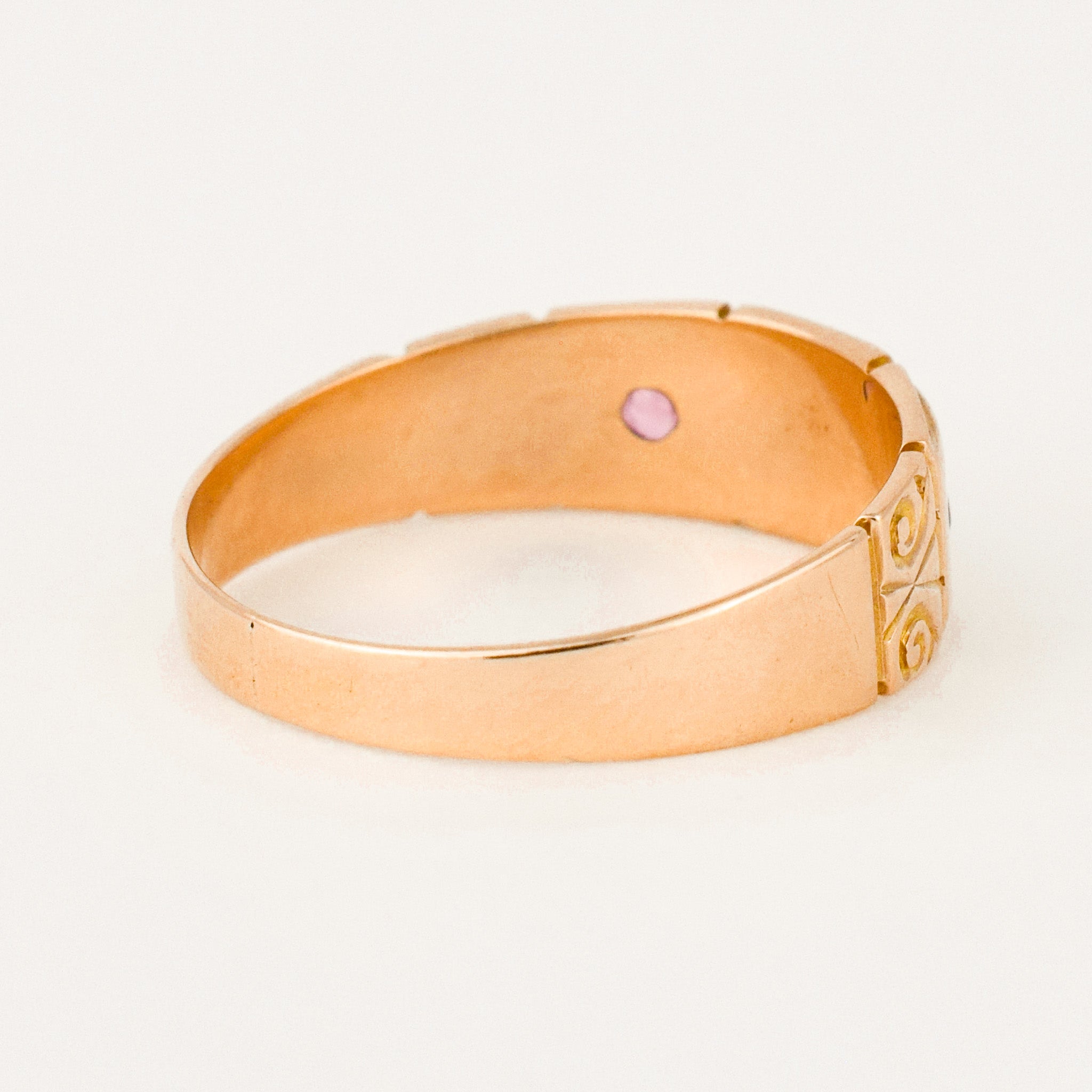 antique Birmingham pink tourmaline and seed pearl trilogy ring