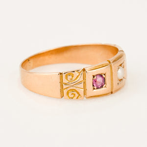 antique Birmingham pink tourmaline and seed pearl trilogy ring