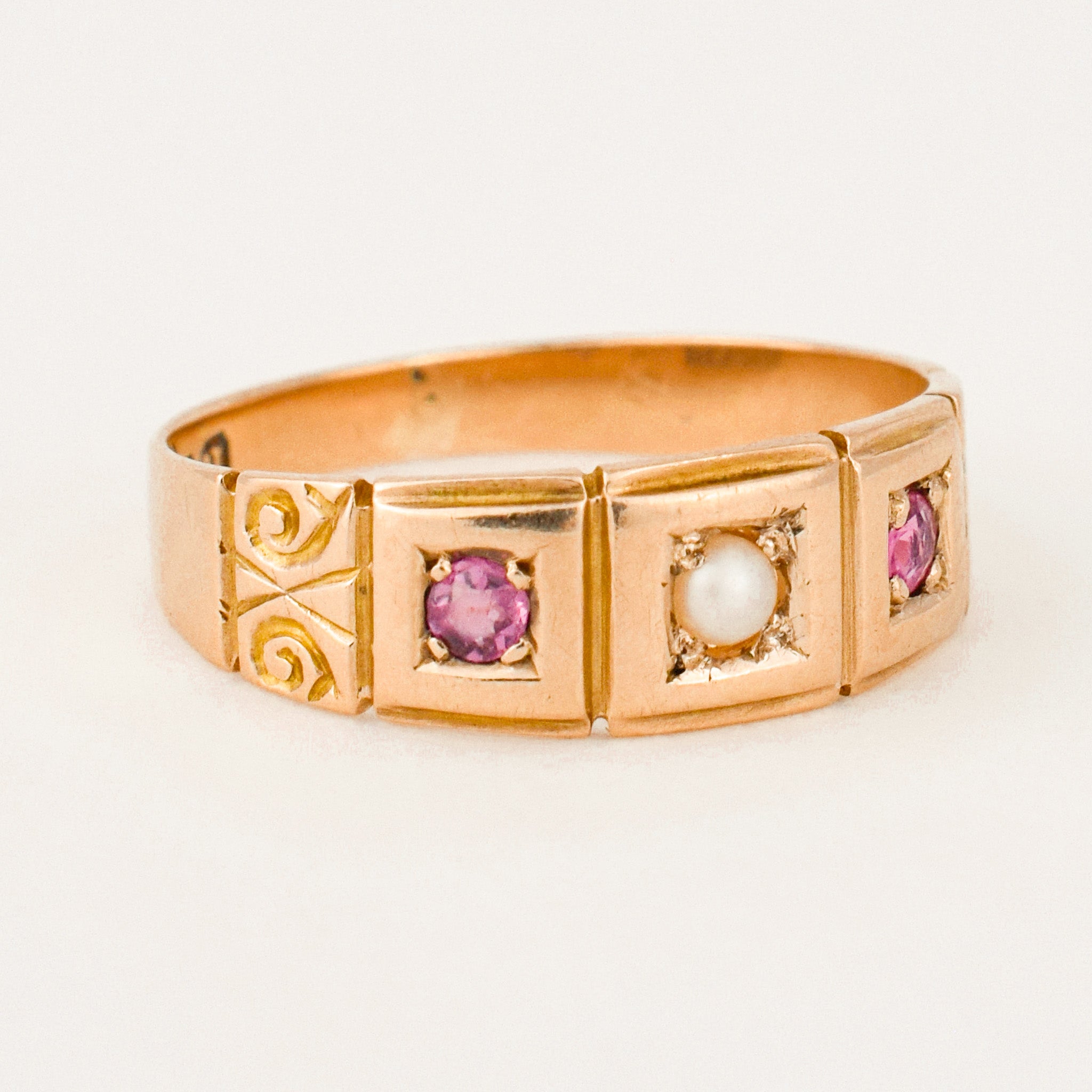 antique Birmingham pink tourmaline and seed pearl trilogy ring
