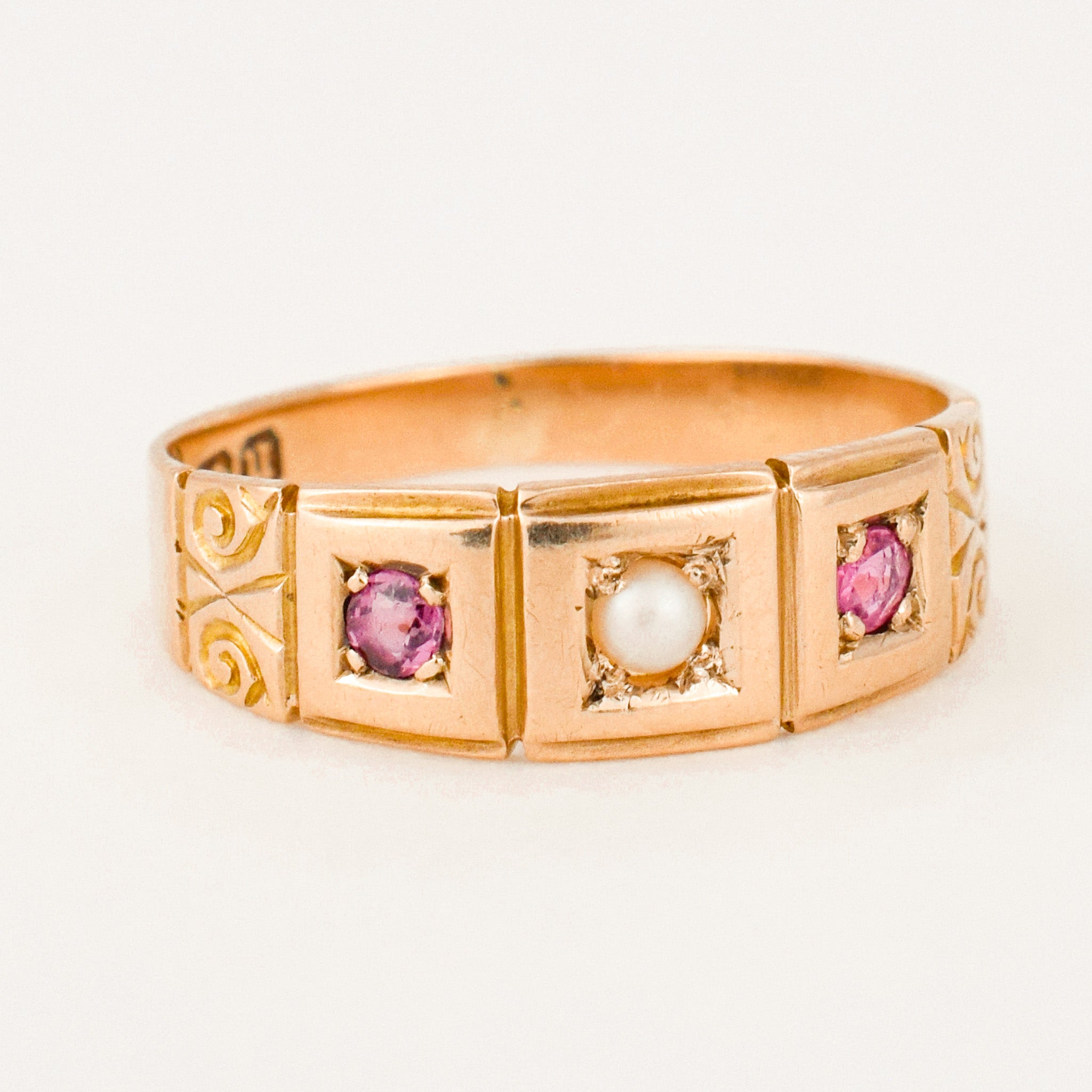 antique Birmingham pink tourmaline and seed pearl trilogy ring