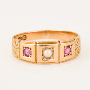 antique Birmingham pink tourmaline and seed pearl trilogy ring