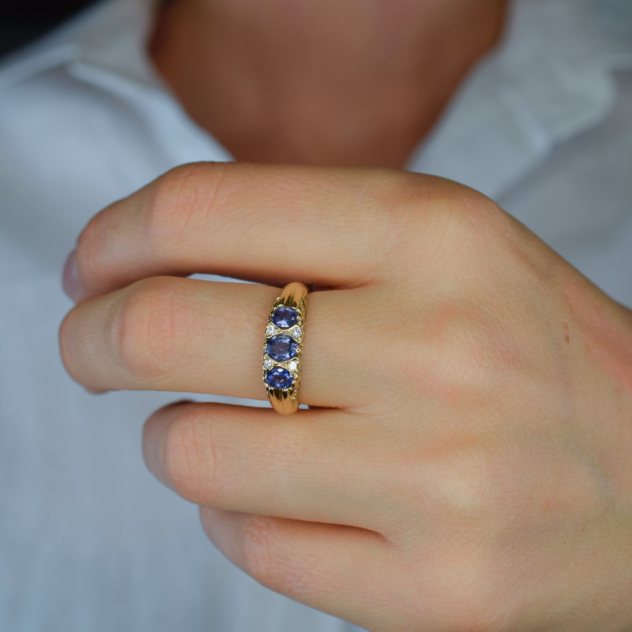 vintage Tanzanite and diamond Trilogy Ring