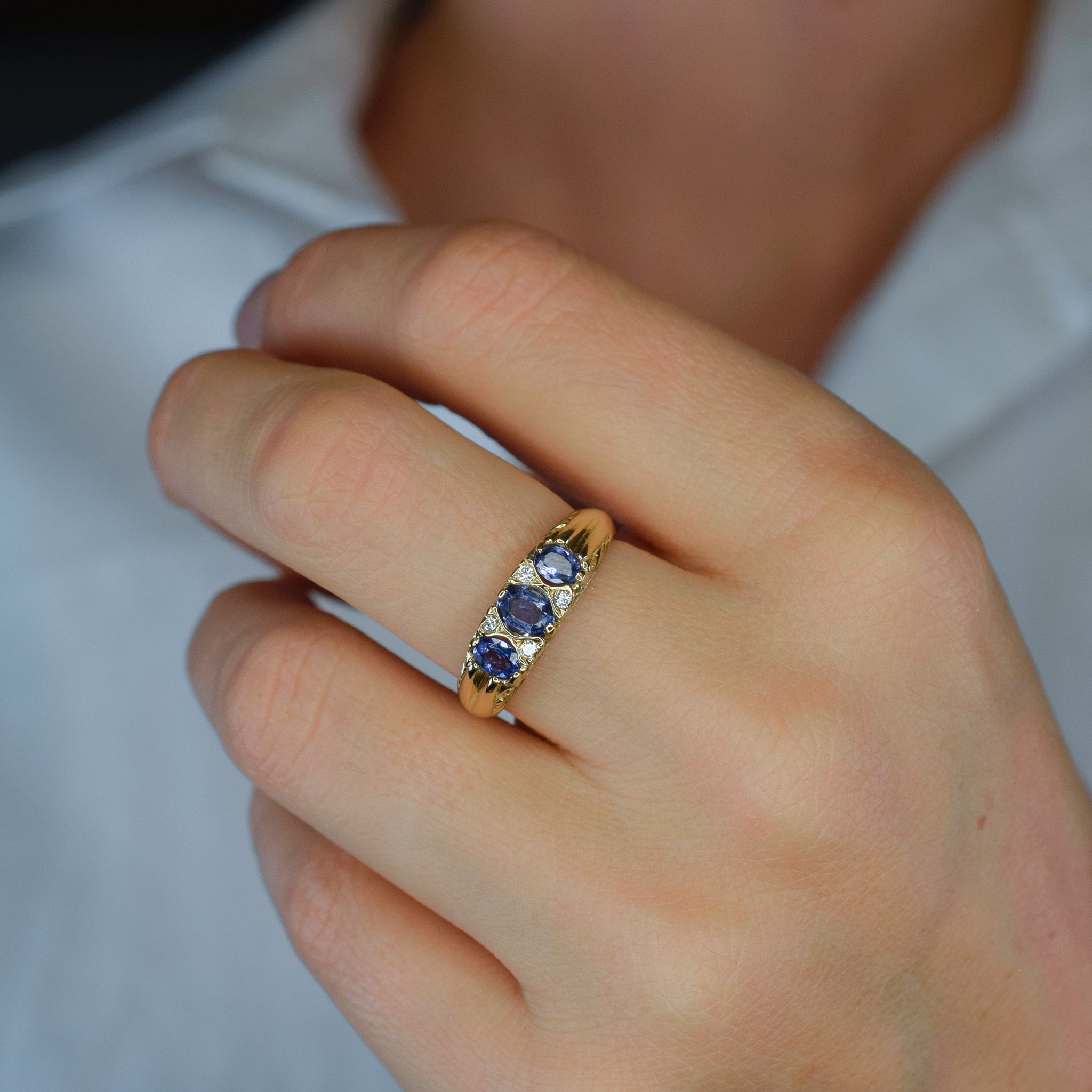 vintage Tanzanite and diamond Trilogy Ring