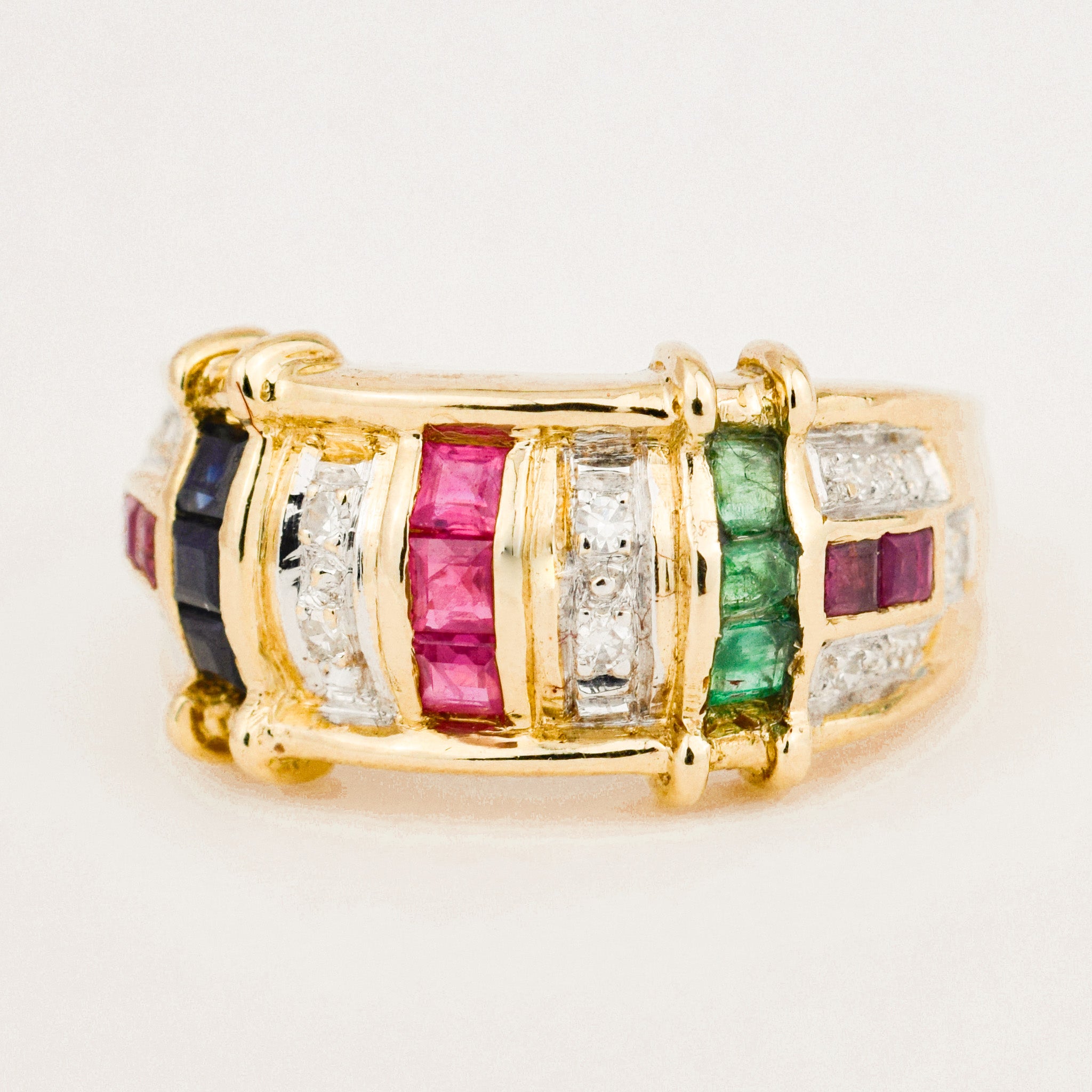 incredible vintage 14k gold ruby, sapphire, emerald and diamond ring 