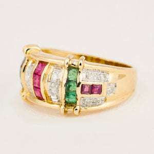 incredible vintage 14k gold ruby, sapphire, emerald and diamond ring 
