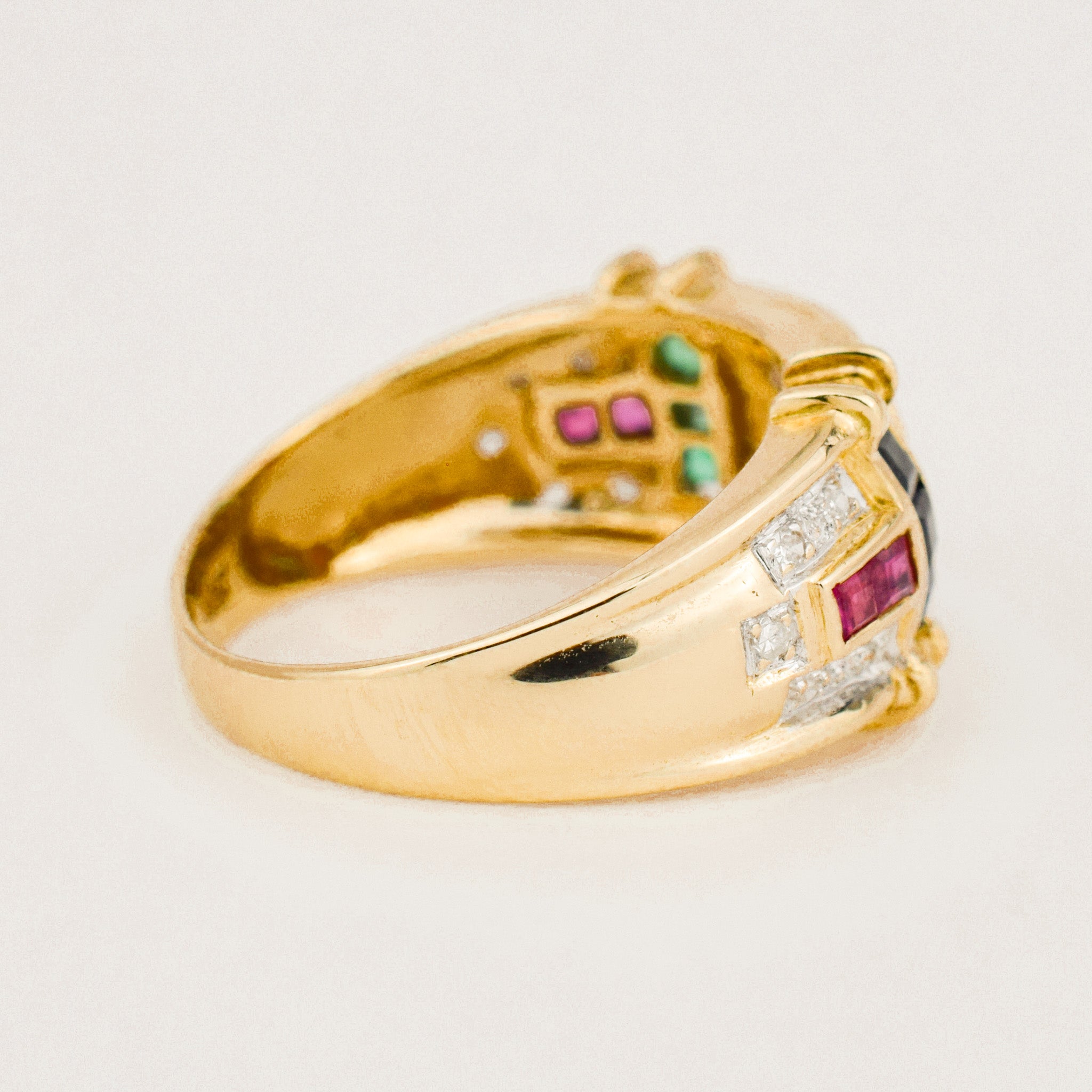 incredible vintage 14k gold ruby, sapphire, emerald and diamond ring 