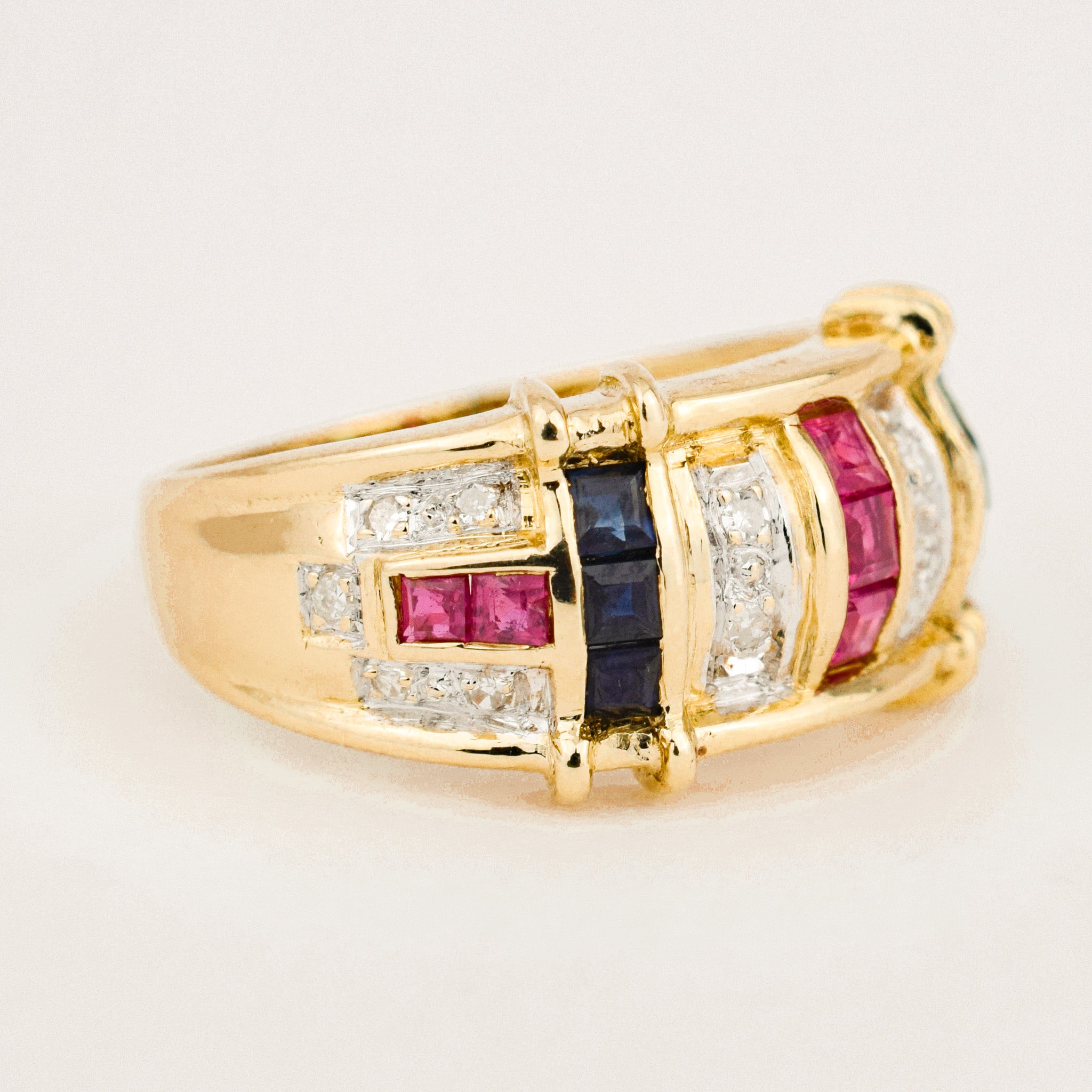 incredible vintage 14k gold ruby, sapphire, emerald and diamond ring 