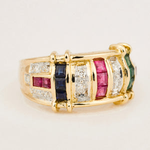 incredible vintage 14k gold ruby, sapphire, emerald and diamond ring 