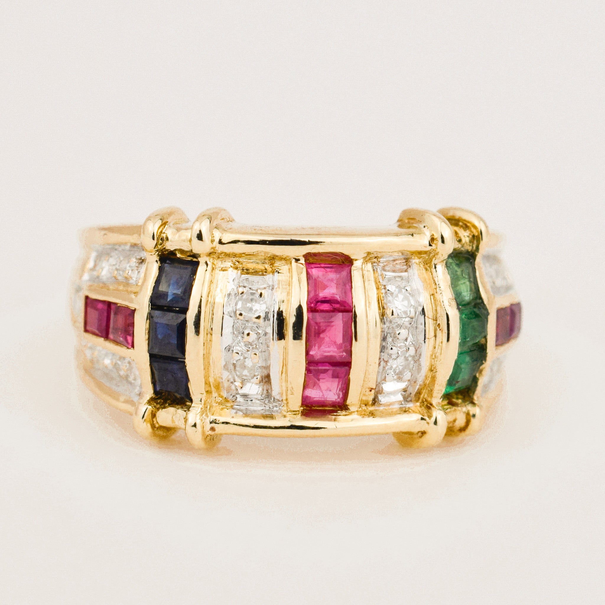 incredible vintage 14k gold ruby, sapphire, emerald and diamond ring 
