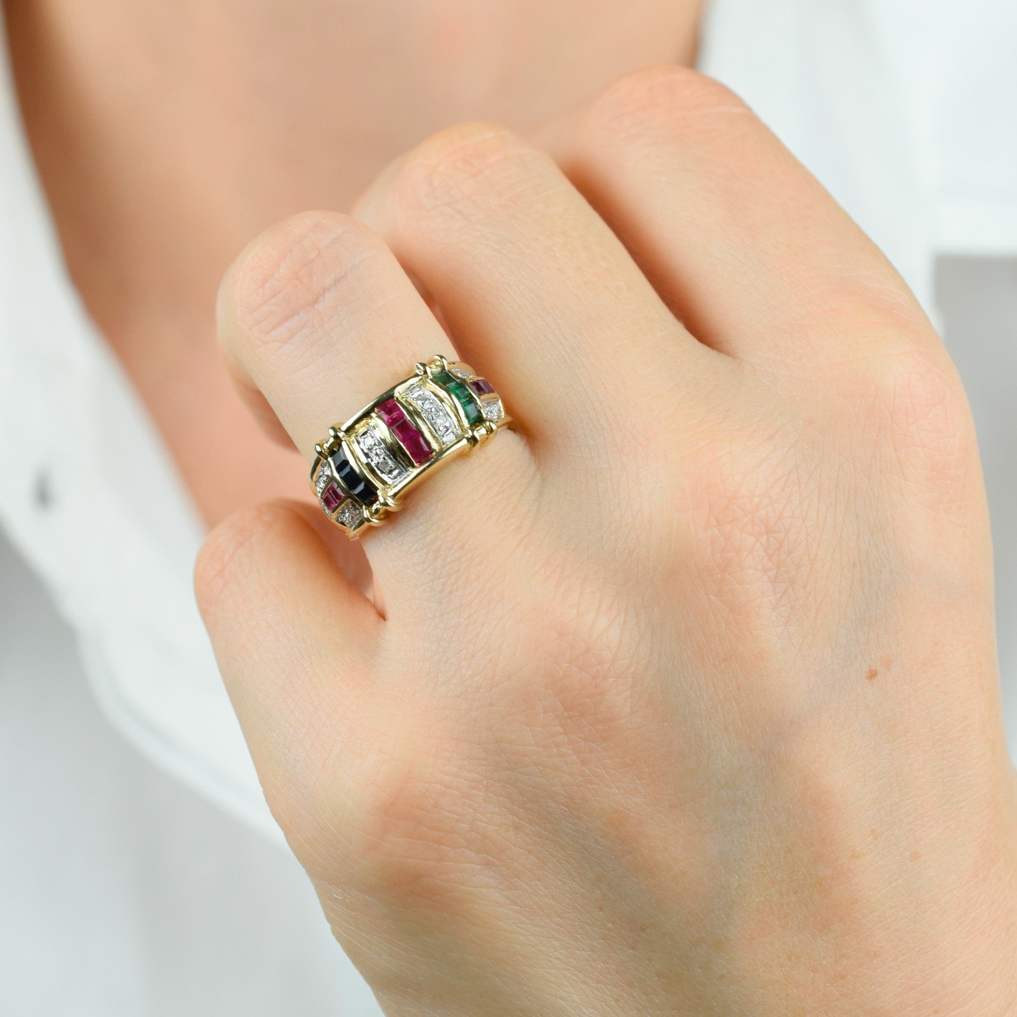 incredible vintage 14k gold ruby, sapphire, emerald and diamond ring 