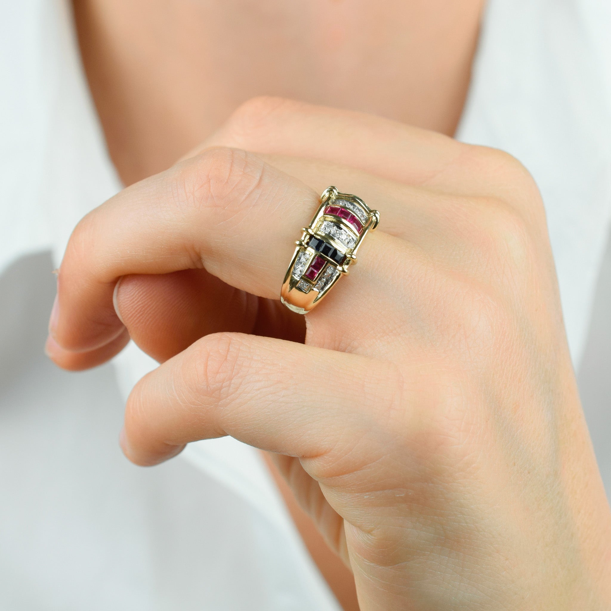 incredible vintage 14k gold ruby, sapphire, emerald and diamond ring 