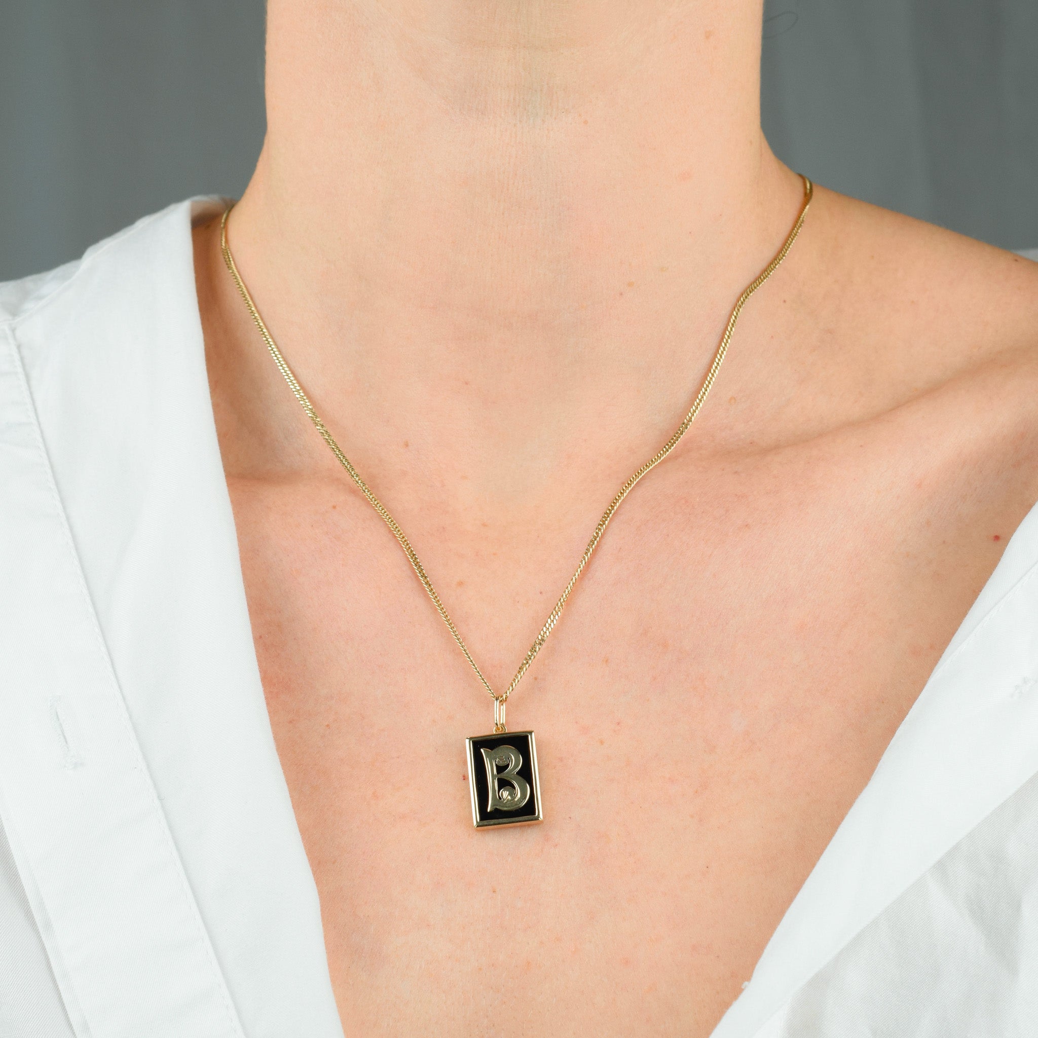 vintage 'B' Bezel Set Onyx Initial Pendant