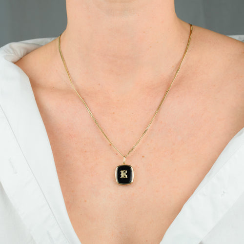 vintage 'E' Bezel Set Onyx Initial Pendant